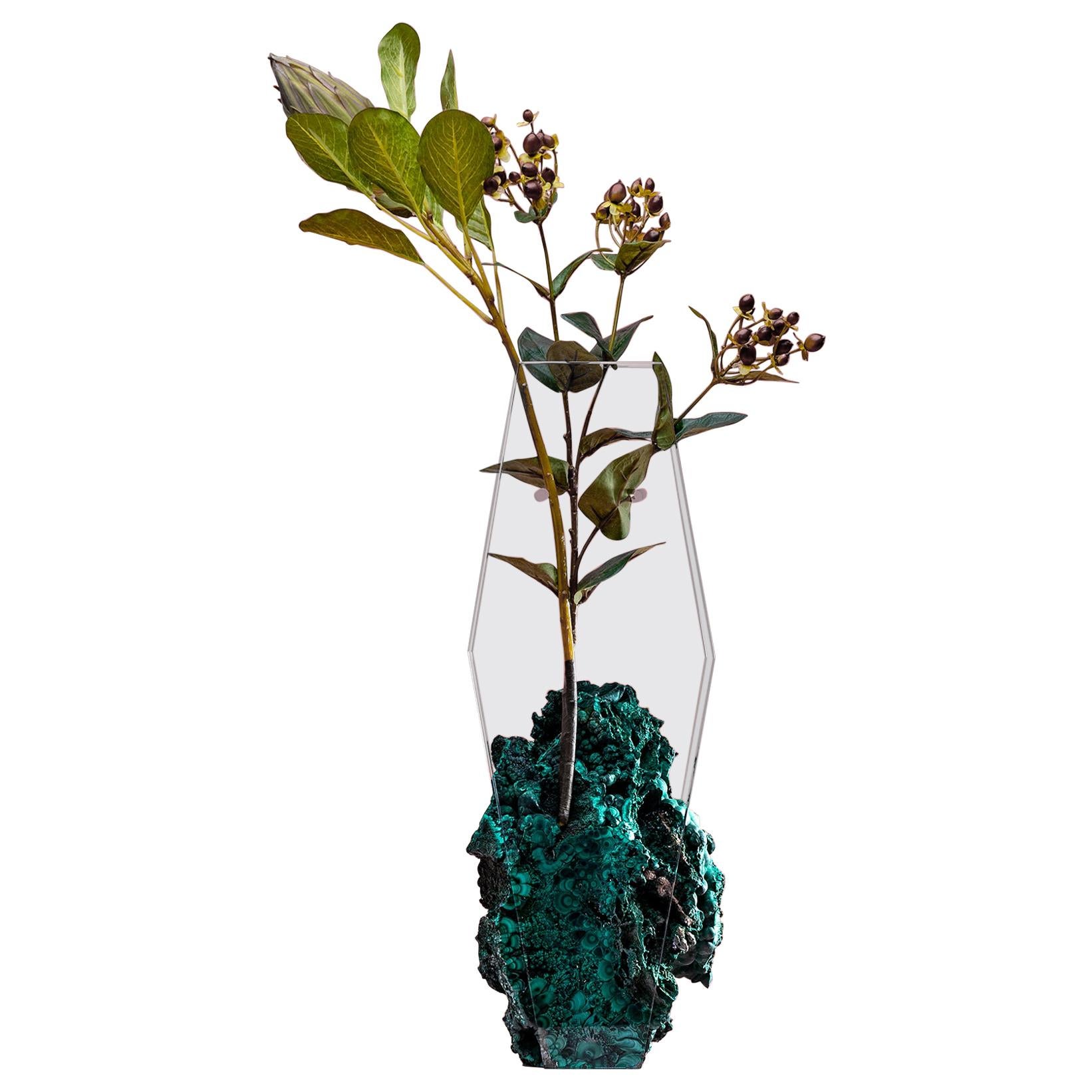 Bloom, Flower Vase with Malachite in Hand Cut and Polished Ultra Clear Glass For Sale
