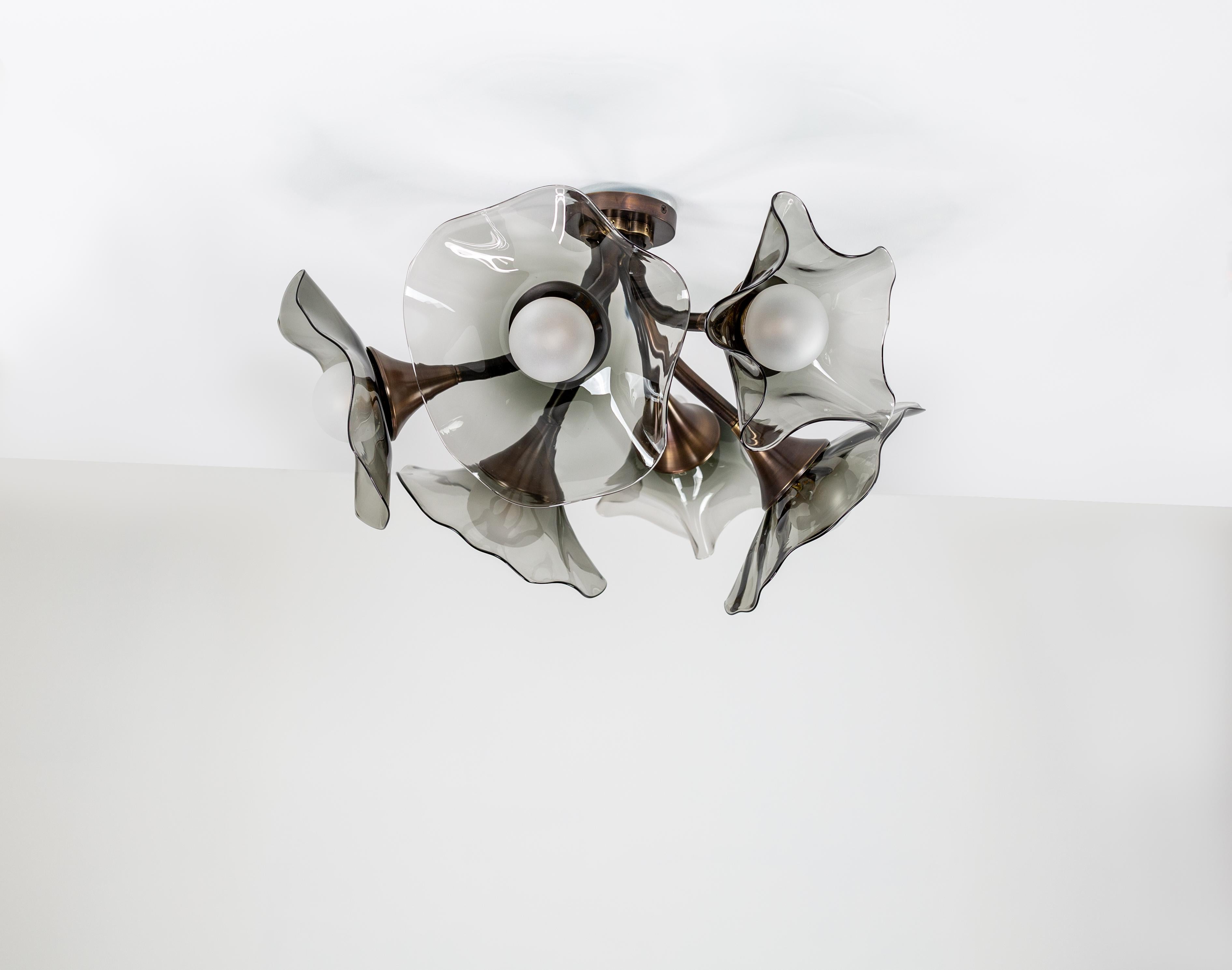 Bloom Flushmount, Gray Glass, Bronze Finish, Chandelier by Kalin Asenov In New Condition For Sale In Savannah, GA