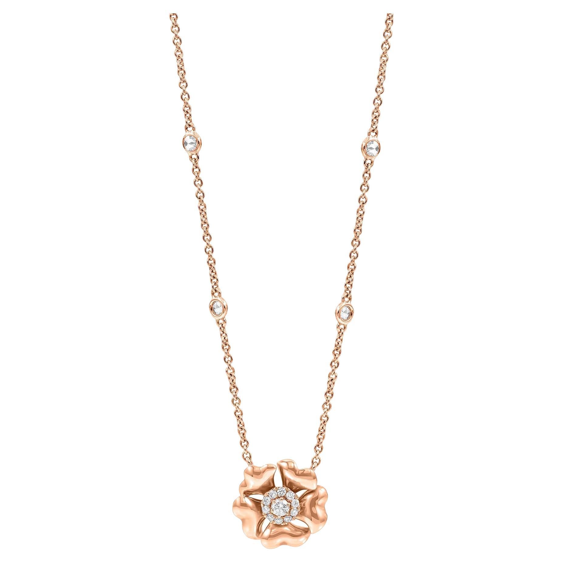 Bloom Gold and Diamond Flower Halo Necklace in 18k Rose Gold For Sale
