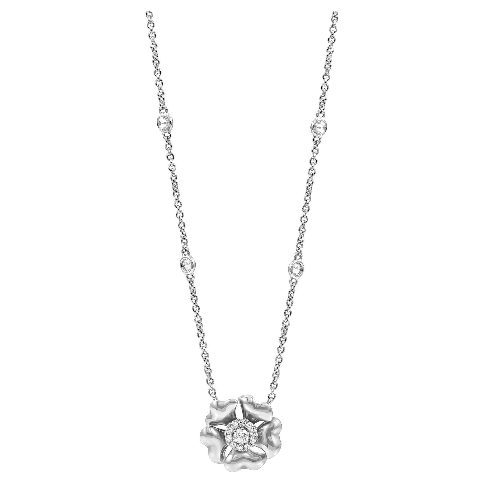 Bloom Gold and Diamond Flower Halo Necklace in 18k White Gold For Sale