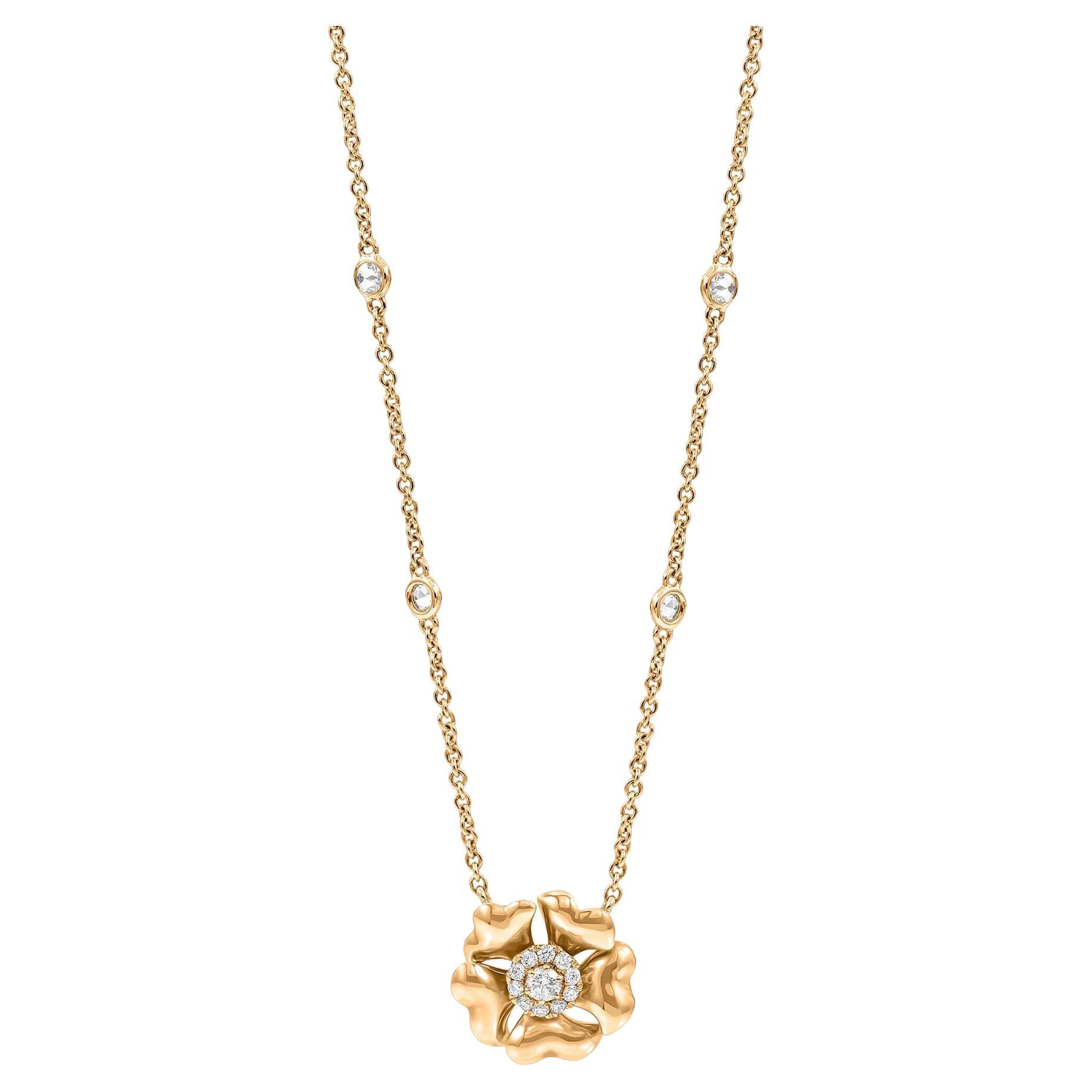 Bloom Gold and Diamond Flower Halo Necklace in 18k Yellow Gold For Sale