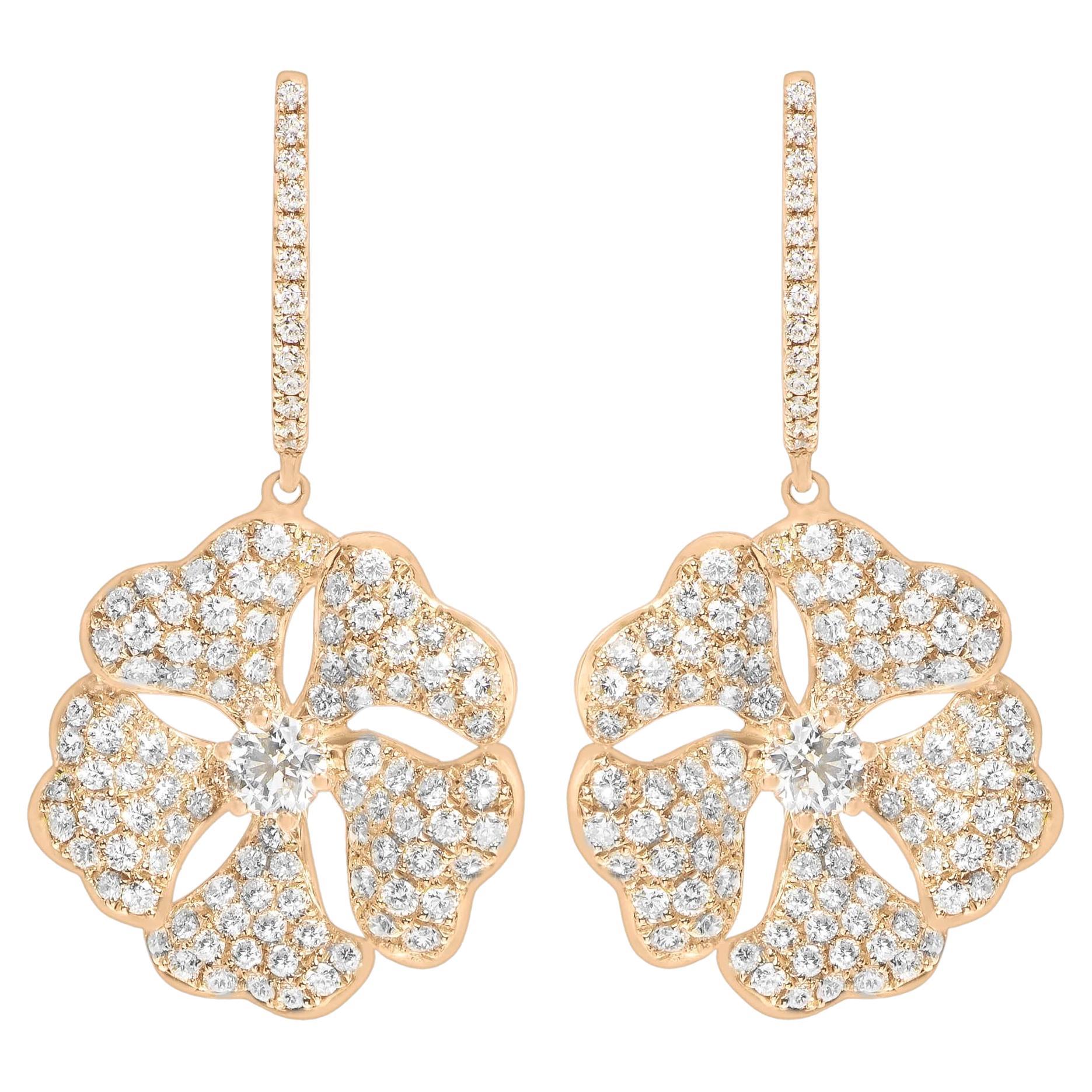 Bloom Gold and Pavé Diamond Drop Flower Earrings in 18k Rose Gold For Sale