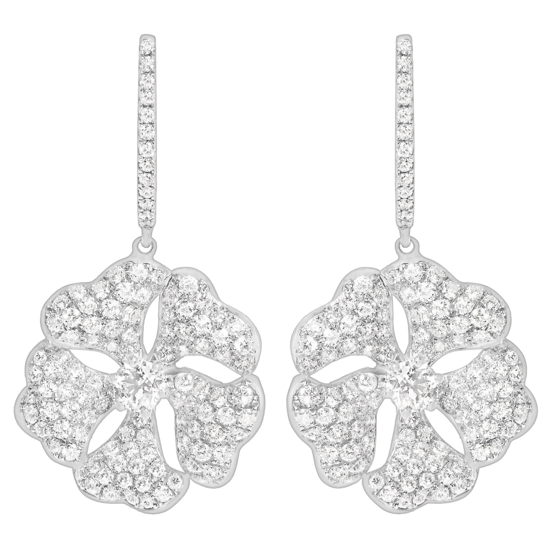 Bloom Gold and Pavé Diamond Drop Flower Earrings in 18k White Gold For Sale