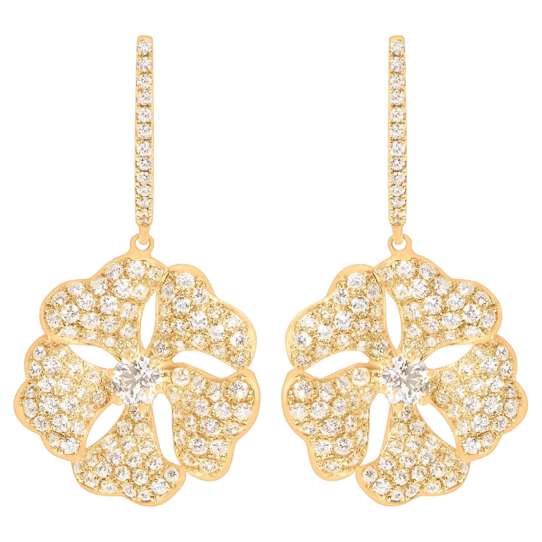 Bloom Gold and Pave Diamond Drop Flower Earrings in 18k Yellow Gold For Sale