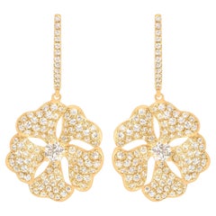 Bloom Gold and Pave Diamond Drop Flower Earrings in 18k Yellow Gold
