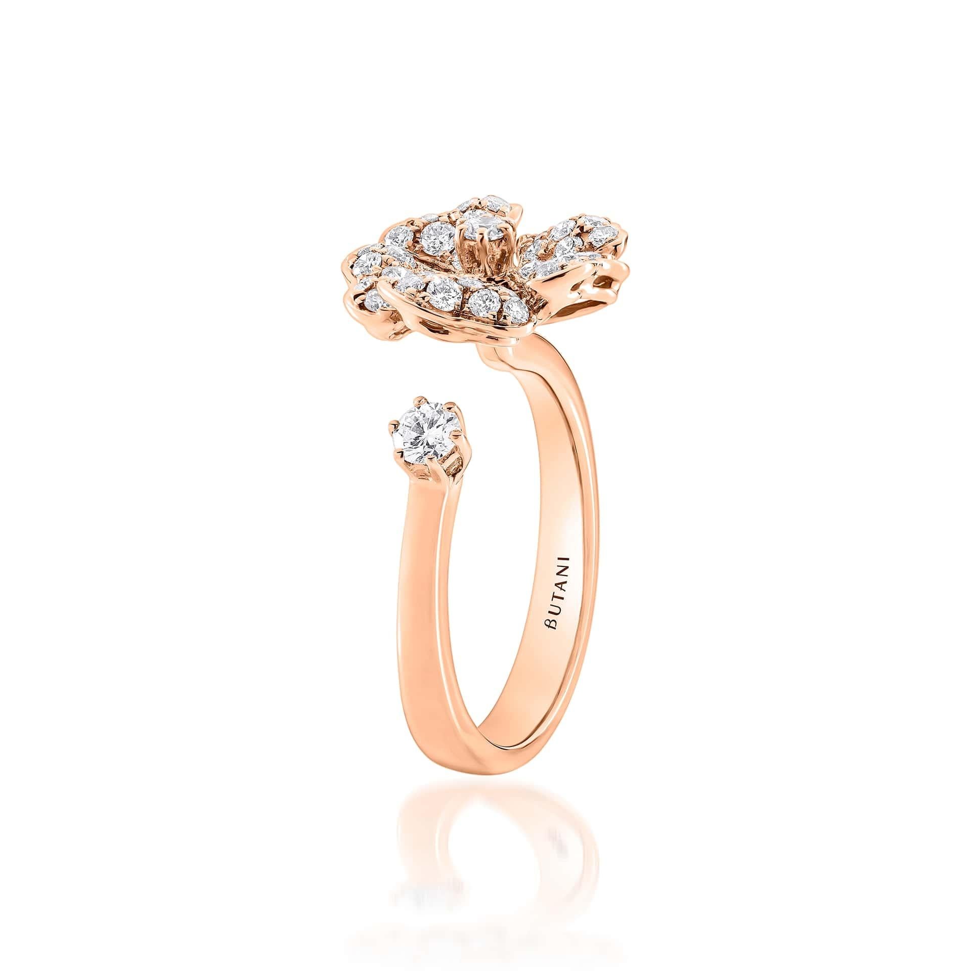 Round Cut Bloom Gold and Pavé Diamond Open Ring in 18k Rose Gold For Sale