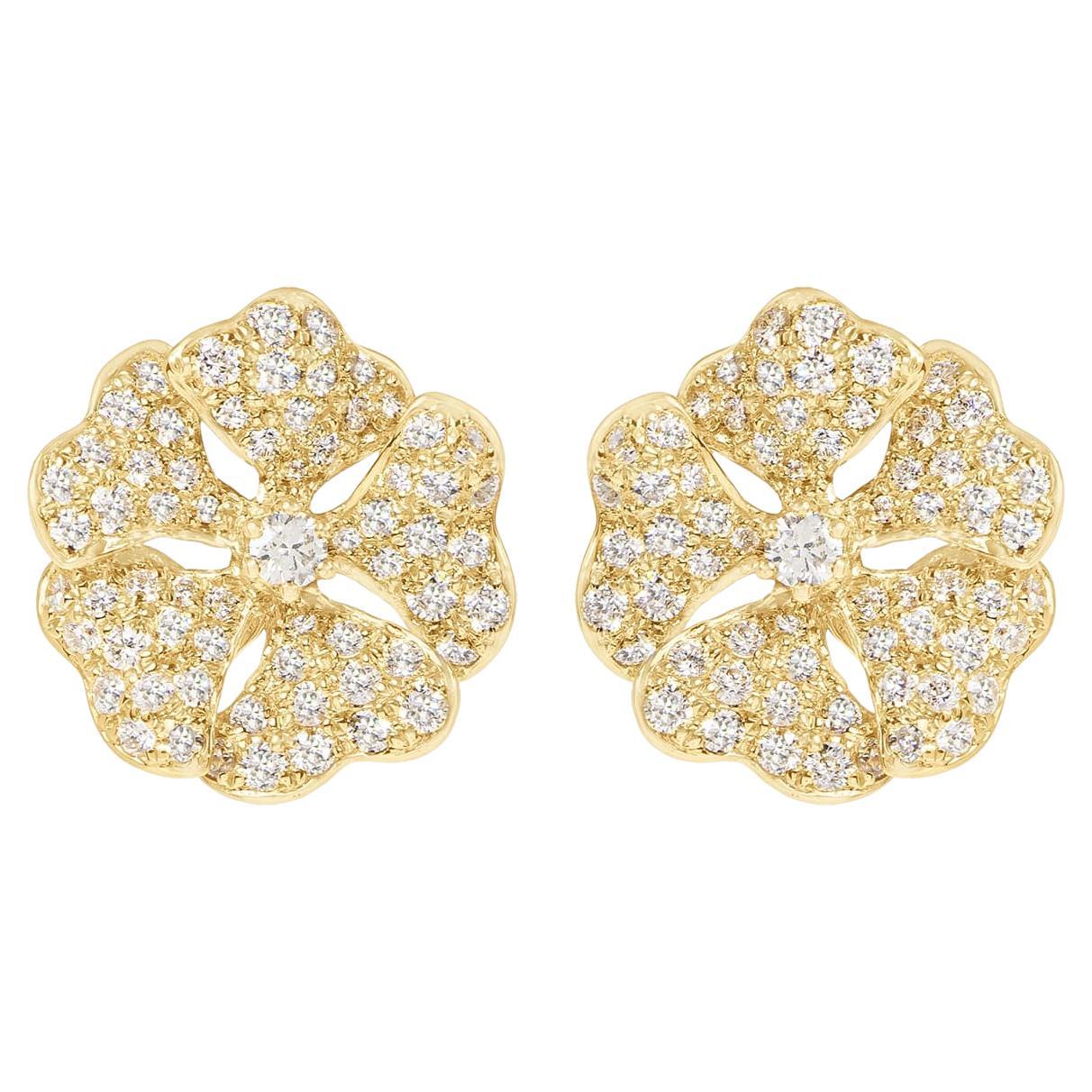 Boucles d'oreilles Bloom en or jaune 18 carats avec petits diamants pavés en vente