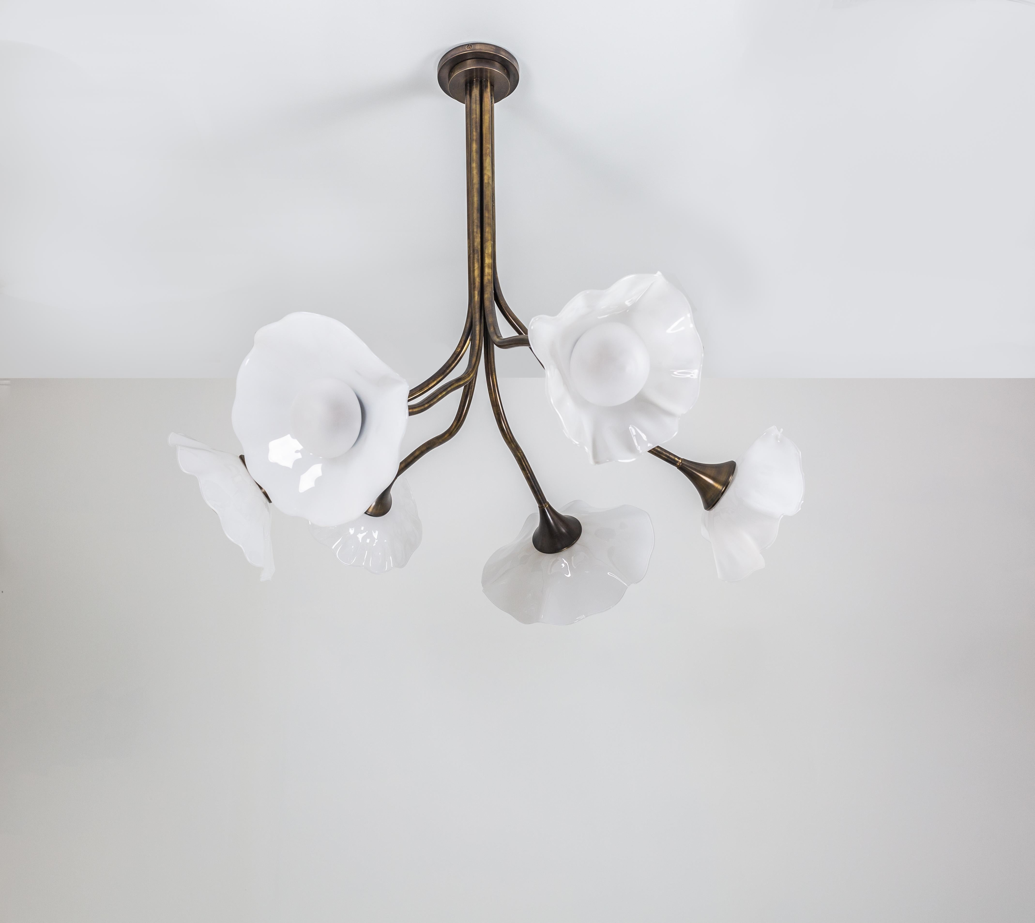 Bronzed Bloom, Handblown White Glass, Bronze Finish, Chandelier by Kalin Asenov For Sale