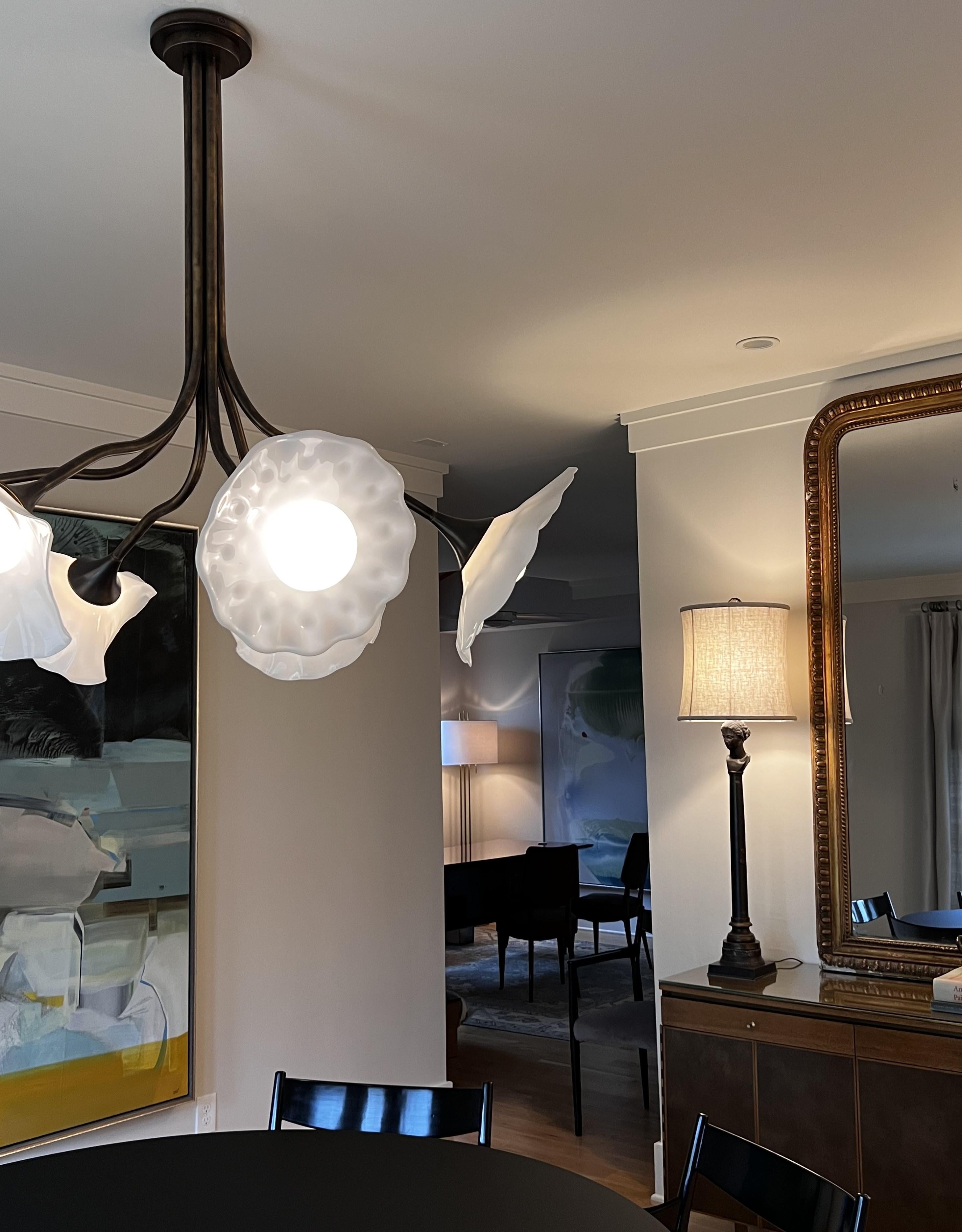 Modern Bloom, Handblown White Glass, Bronze Finish, Chandelier by Kalin Asenov For Sale