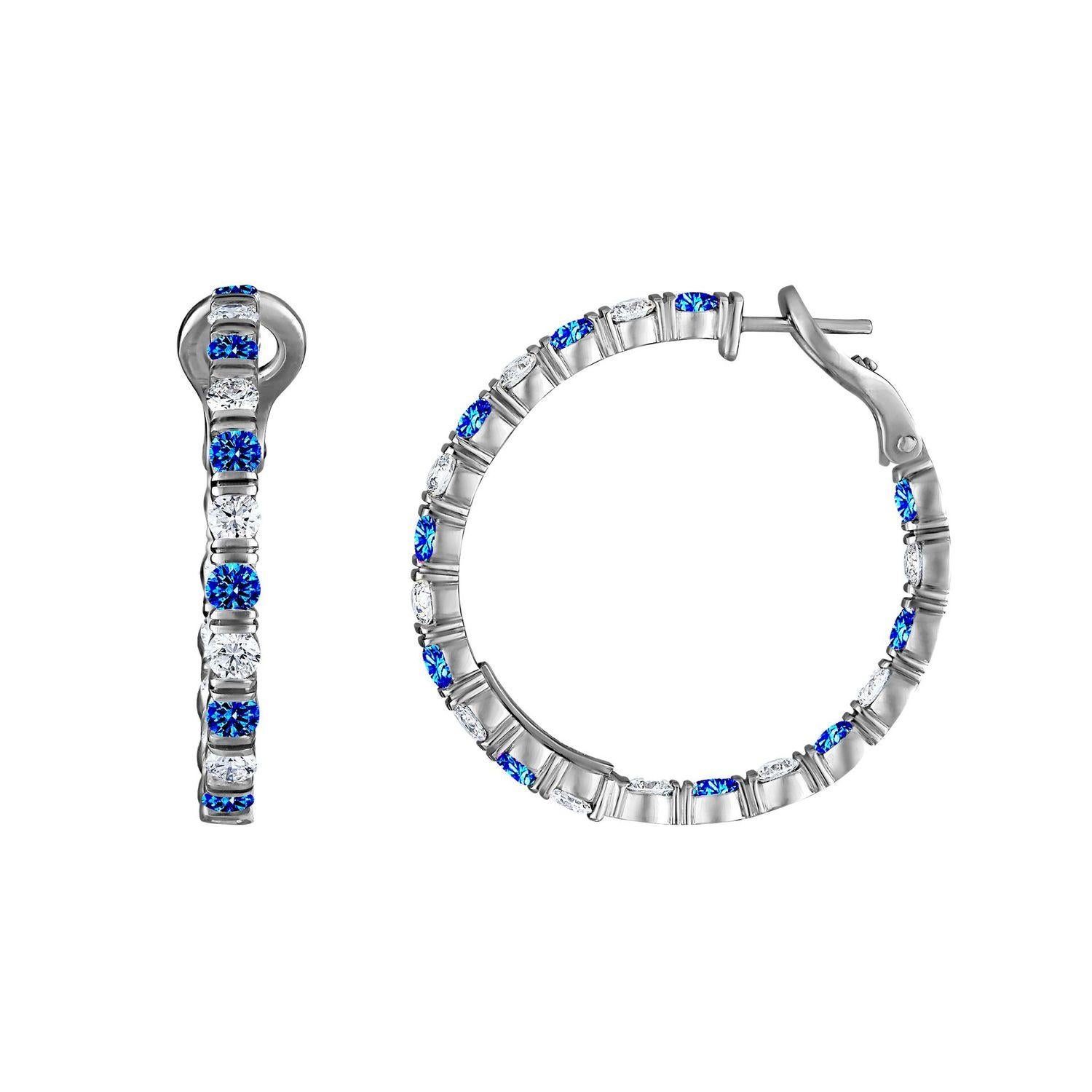 Round Cut Bloom Hoop Earrings with Diamonds and Blue Sapphires For Sale