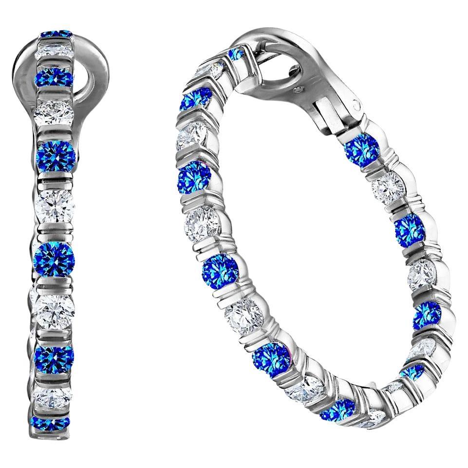 Bloom Hoop Earrings with Diamonds and Blue Sapphires For Sale