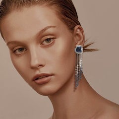 Bloom Medium Flower Halo Blue Sapphire Long Earrings in 18K White Gold