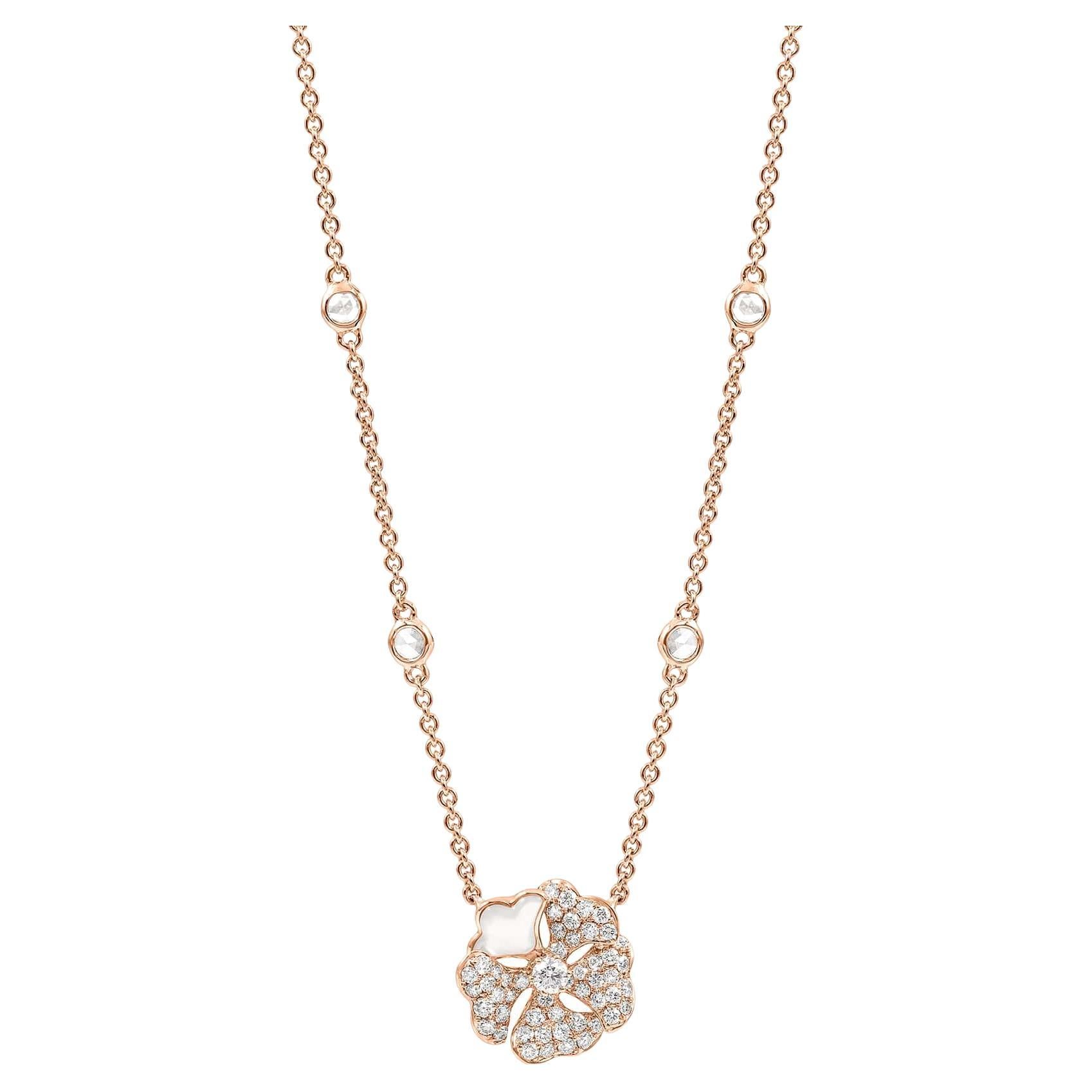 Bloom Pavé Diamond and Mother of Pearl Flower Necklace in 18k Rose Gold For Sale