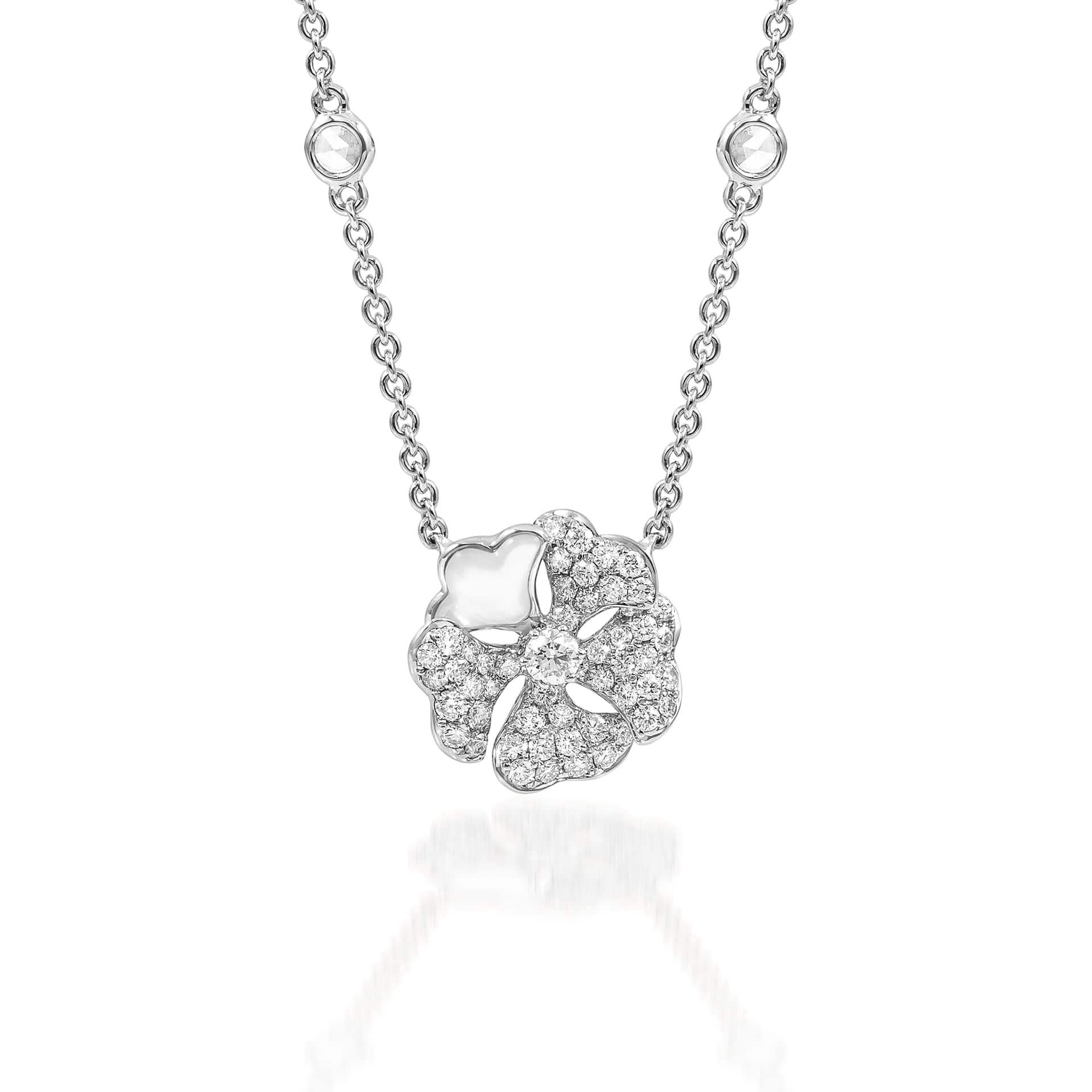 Bloom Pavé Diamond and Mother-of-Pearl Flower Necklace in 18K White Gold

Inspired by the exquisite petals of the alpine cinquefoil flower, the Bloom collection combines the richness of diamonds and precious metals with the light versatility of this