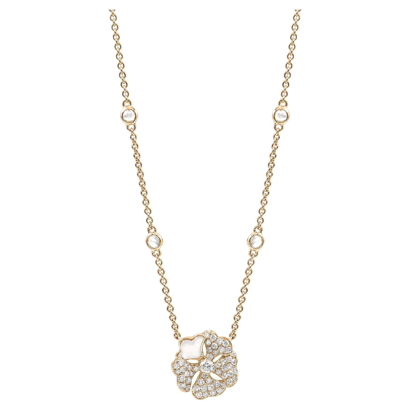 Bloom Pavé Diamond and Mother of Pearl Flower Necklace in 18k Yellow Gold For Sale