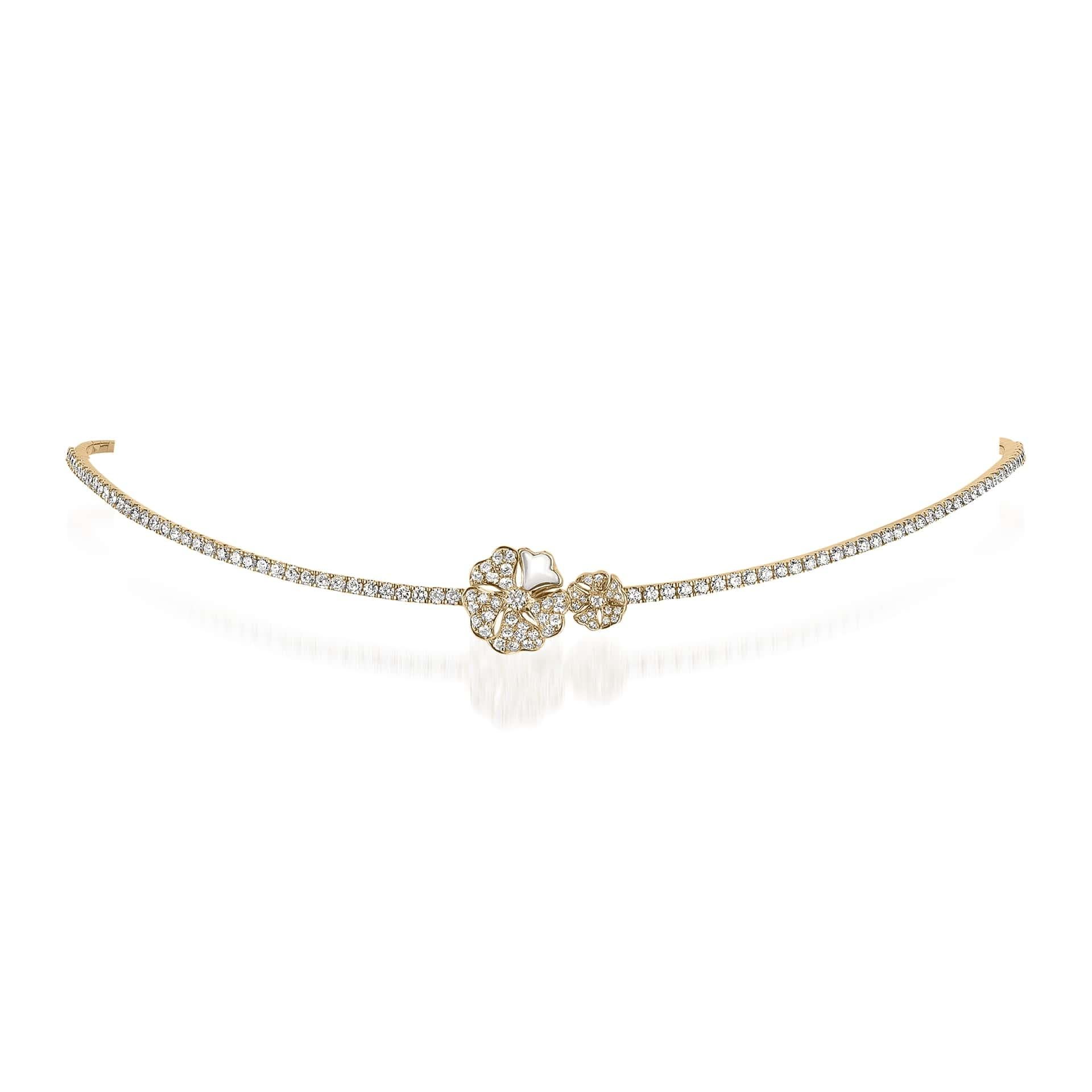 Bloom Pavé Diamond Flower Duo Choker with Mother-of-Pearl in 18K Yellow Gold

Inspired by the exquisite petals of the alpine cinquefoil flower, the Bloom collection combines the richness of diamonds and precious metals with the light versatility of