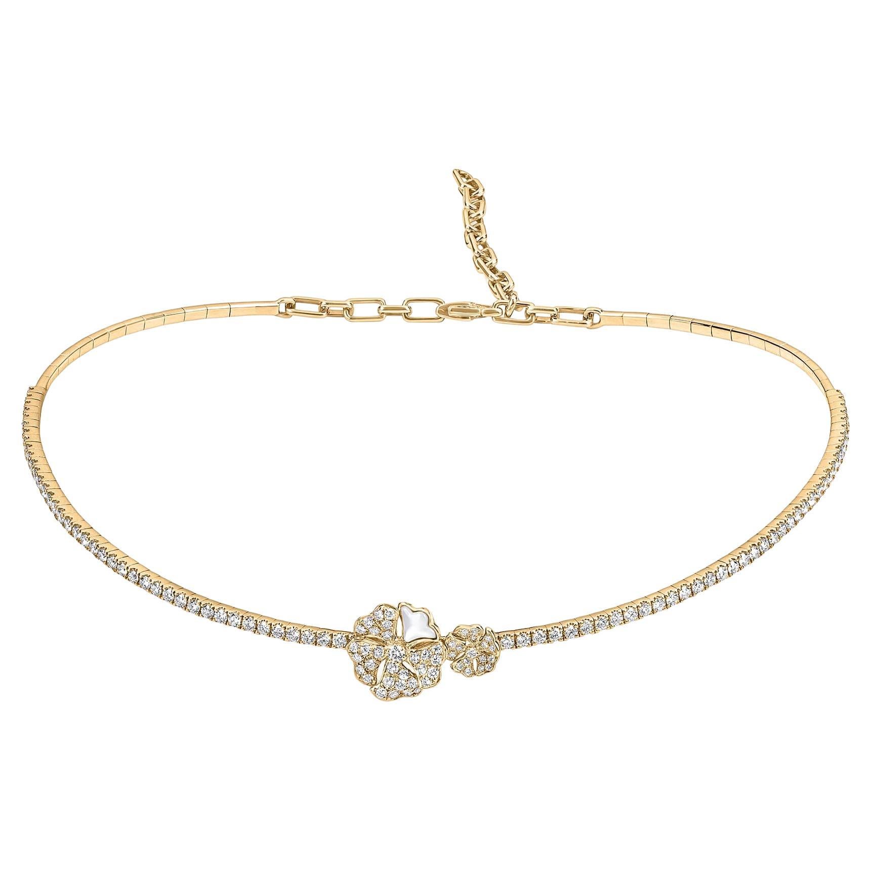 Bloom Pavé Diamond Flower Duo Choker with Mother-of-pearl in 18k Yellow Gold For Sale