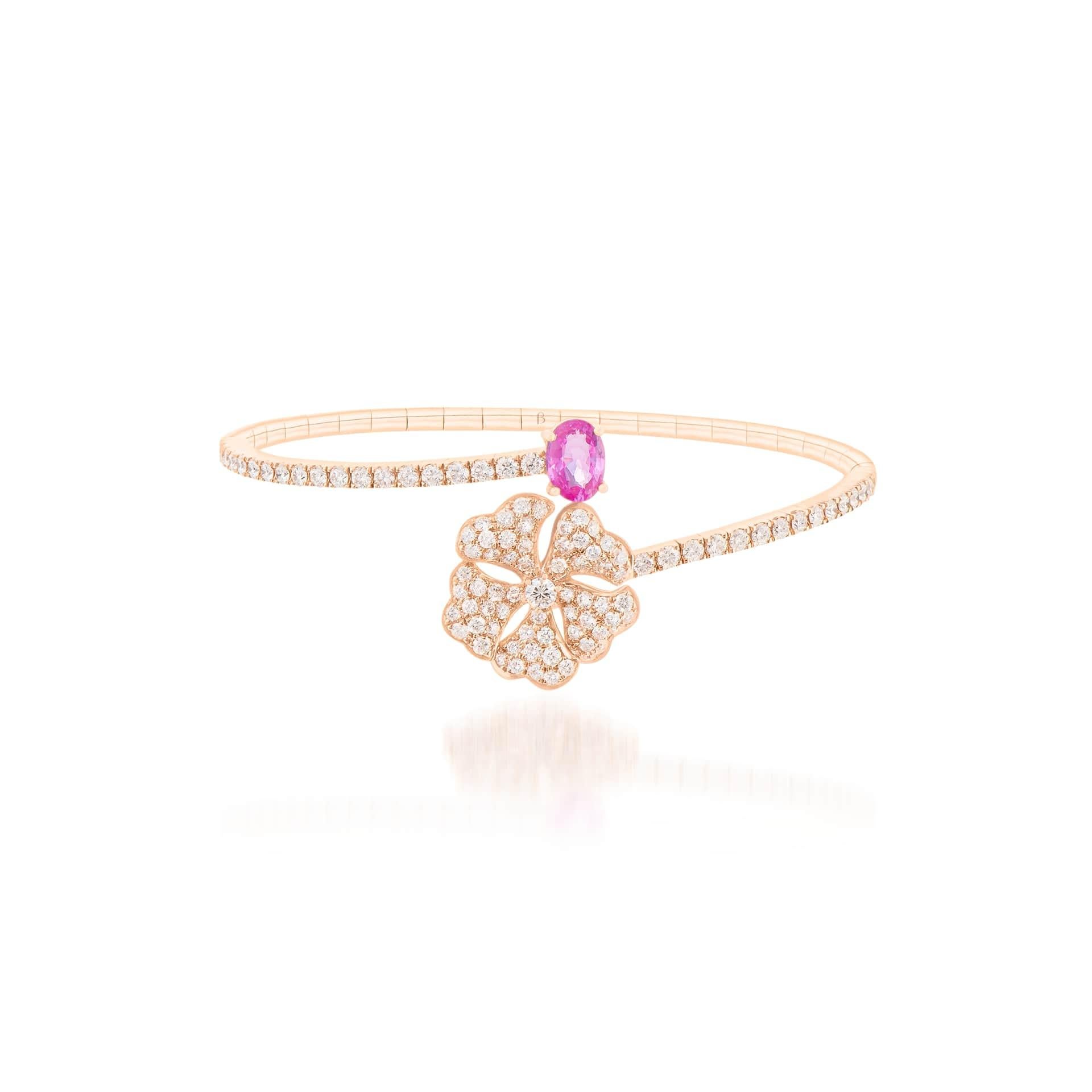 Bloom Pink Sapphire and Diamond Open Spiral Bangle in 18K Rose Gold

Inspired by the exquisite petals of the alpine cinquefoil flower, the Bloom collection combines the richness of diamonds and precious metals with the light versatility of this