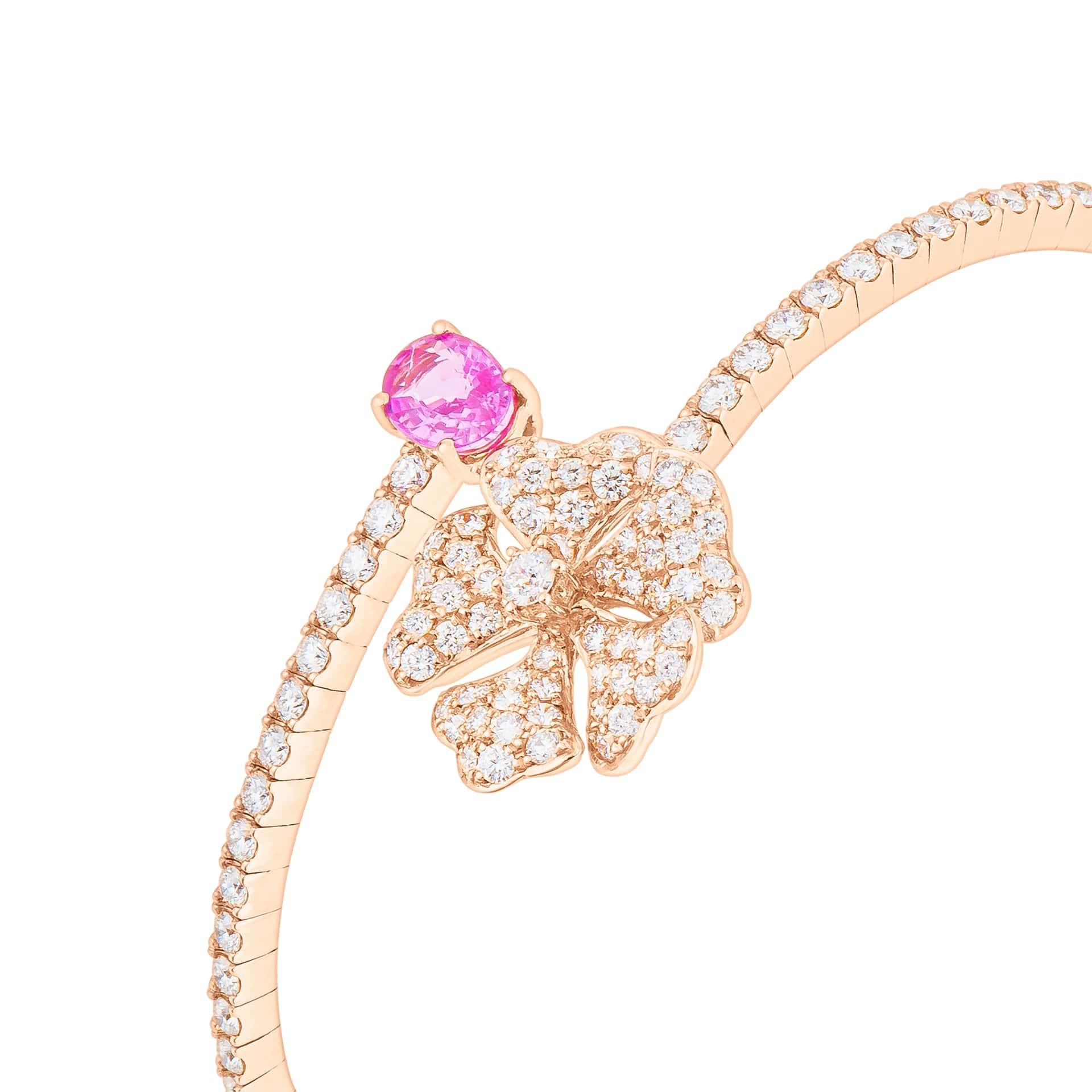 Round Cut Bloom Pink Sapphire and Diamond Open Spiral Bangle in 18k Rose Gold For Sale