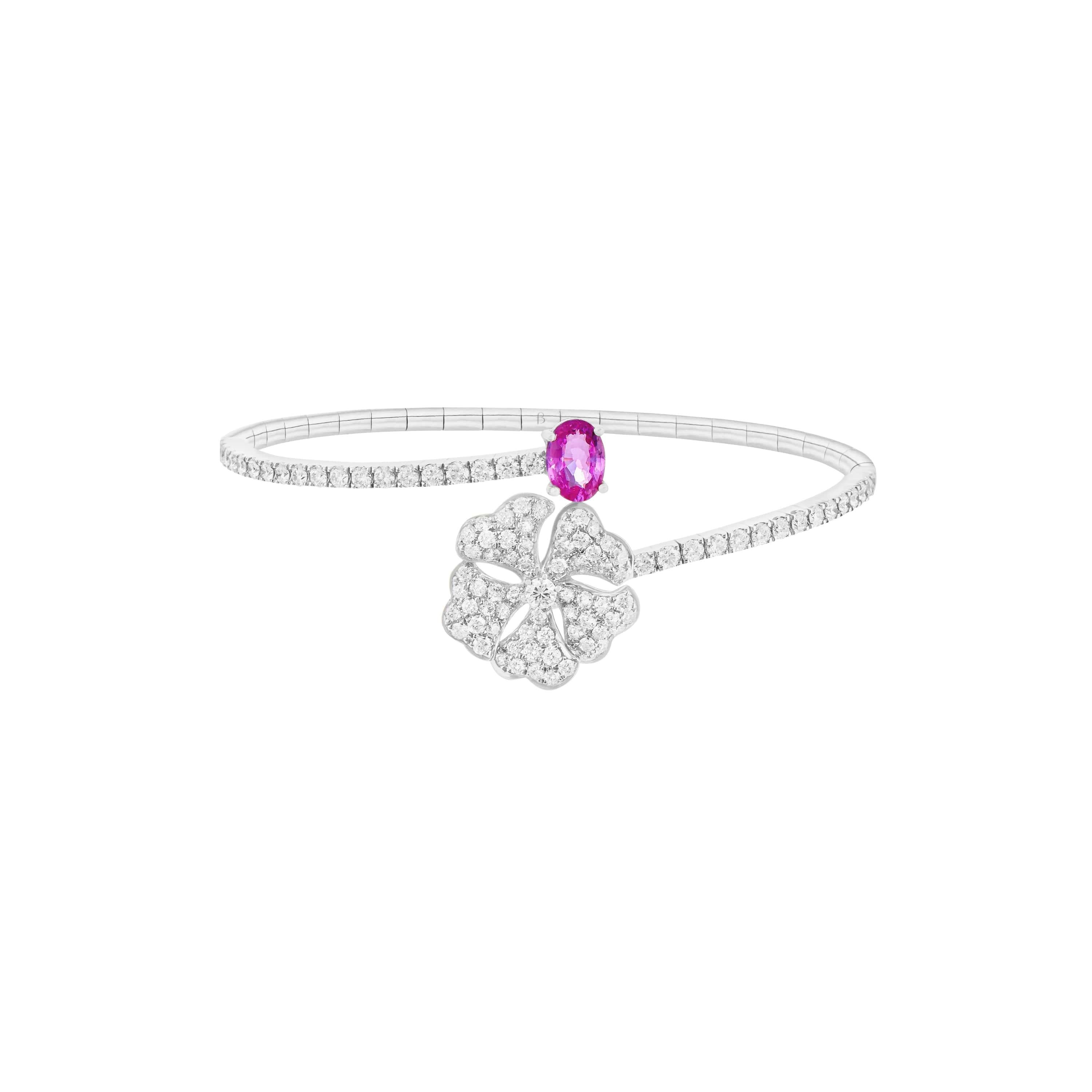 Bloom Pink Sapphire and Diamond Open Spiral Bangle in 18K White Gold

Inspired by the exquisite petals of the alpine cinquefoil flower, the Bloom collection combines the richness of diamonds and precious metals with the light versatility of this
