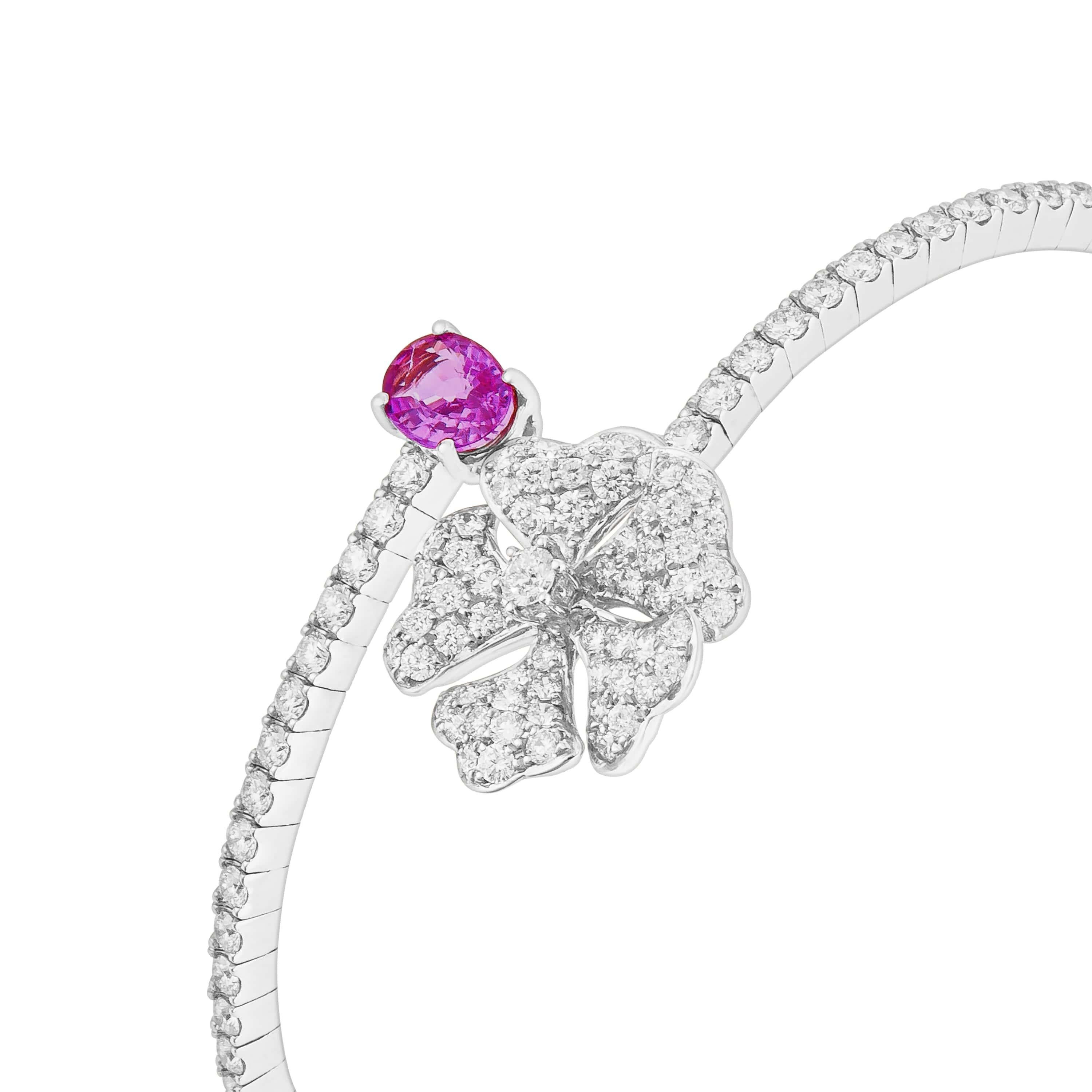 Round Cut Bloom Pink Sapphire and Diamond Open Spiral Bangle in 18k White Gold For Sale
