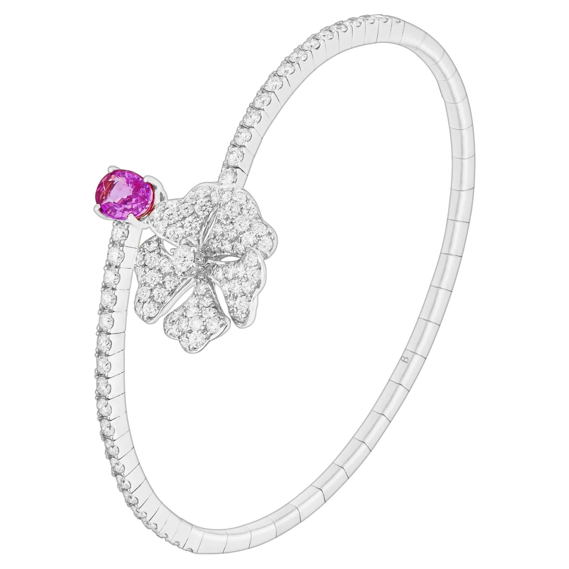 Bloom Pink Sapphire and Diamond Open Spiral Bangle in 18k White Gold For Sale
