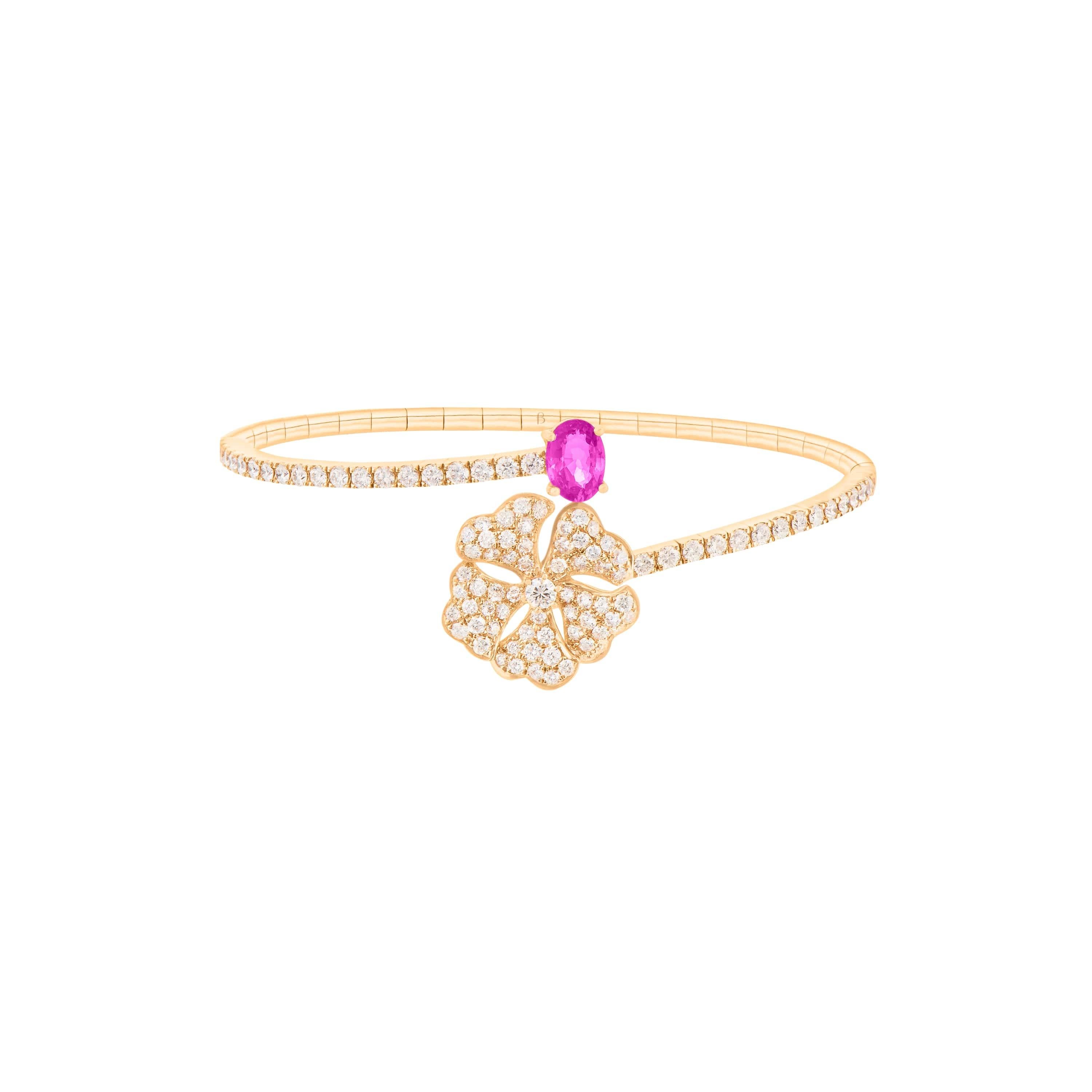 Bloom Pink Sapphire and Diamond Open Spiral Bangle in 18K Yellow Gold

Inspired by the exquisite petals of the alpine cinquefoil flower, the Bloom collection combines the richness of diamonds and precious metals with the light versatility of this