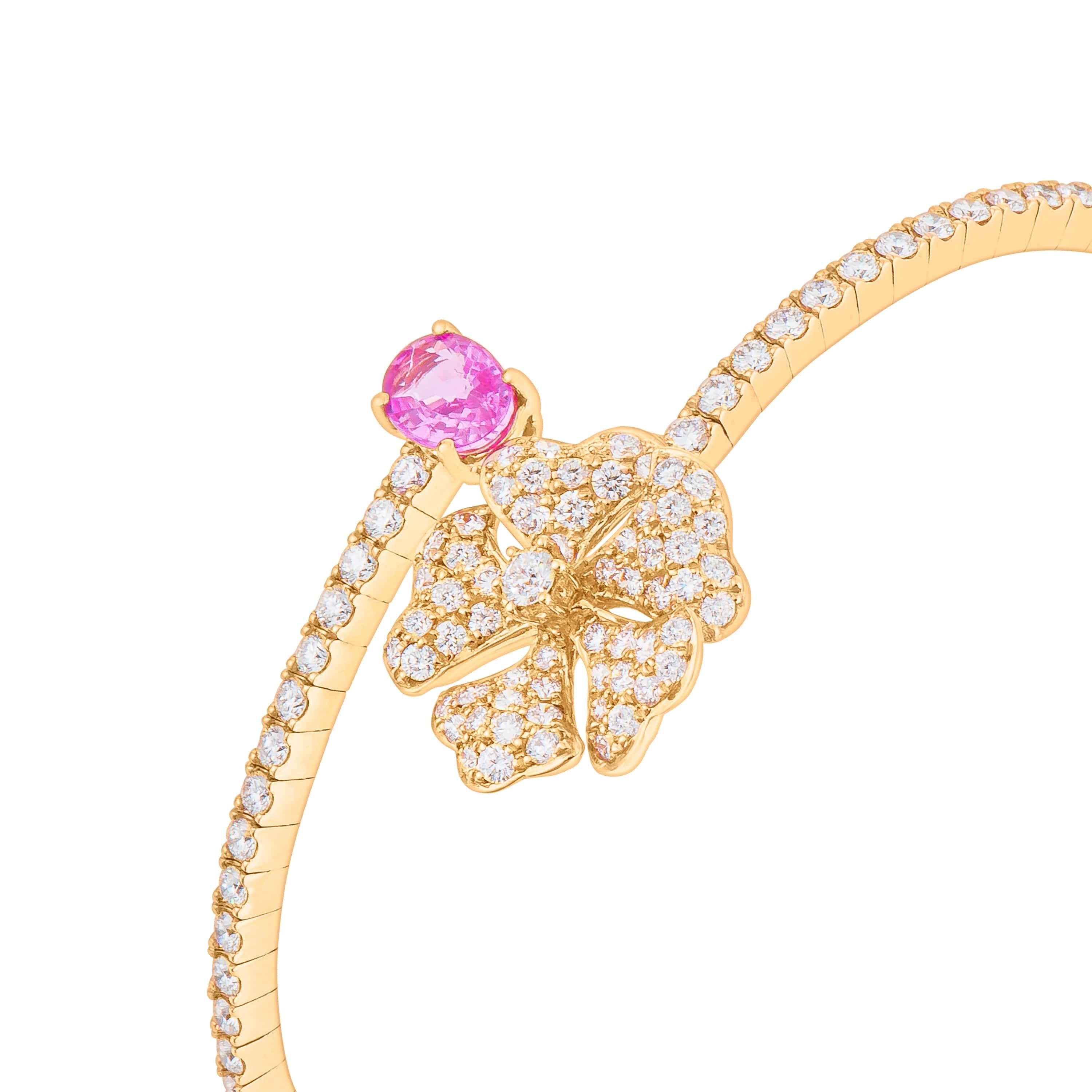 Bloom Pink Sapphire and Diamond Open Spiral Bangle in 18k Yellow Gold In New Condition For Sale In Hong Kong, Kowloon
