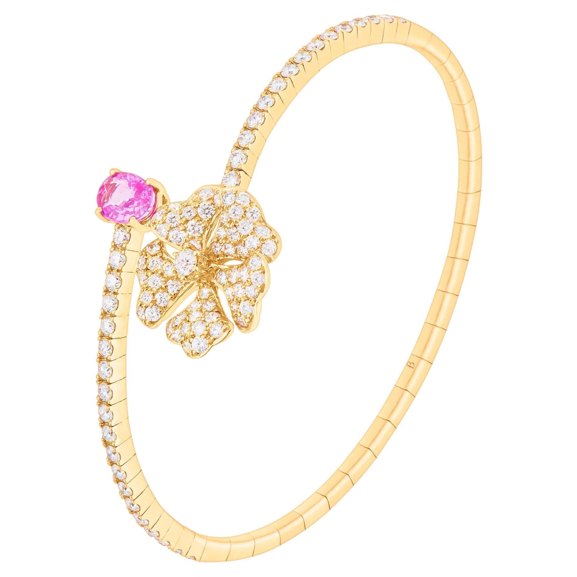 Bloom Pink Sapphire and Diamond Open Spiral Bangle in 18k Yellow Gold