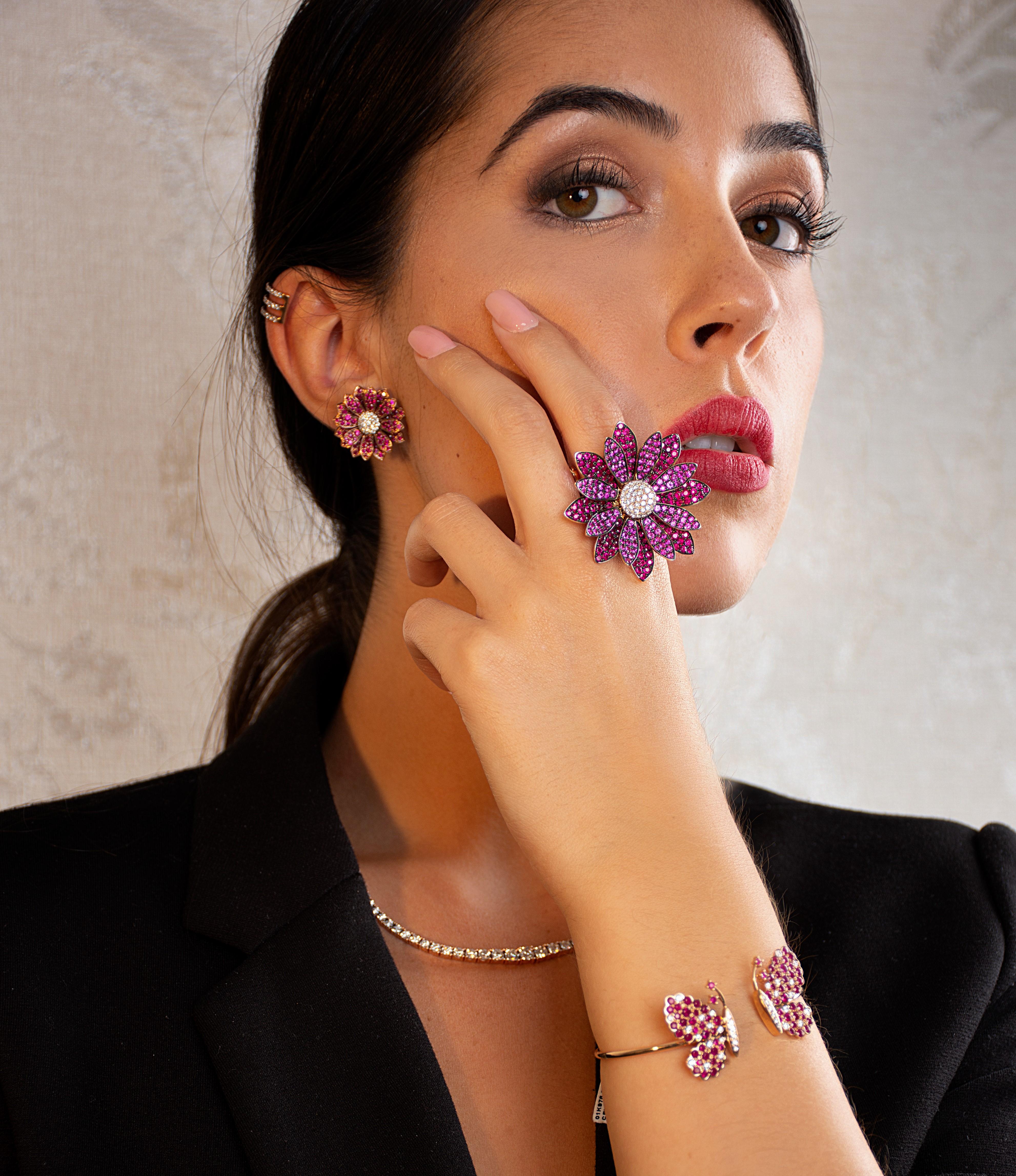 These earrings are meticulously crafted in 18-karat gold. It is hand set in 3.71 carats ruby and .41 carats of diamonds.  Also available Bloom ring to compliment with these earrings.

FOLLOW  MEGHNA JEWELS storefront to view the latest collection &