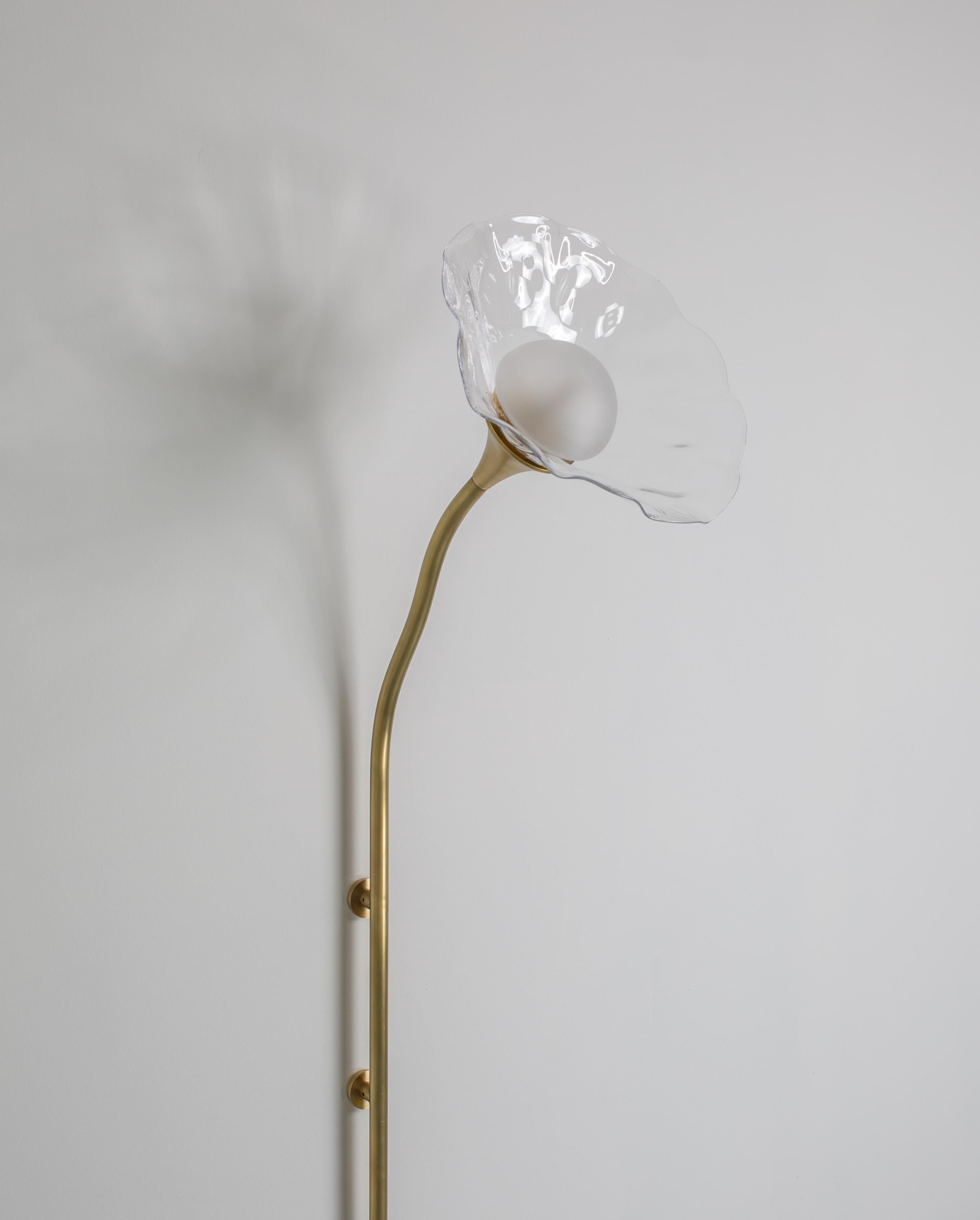 Modern Bloom Single, Satin Brass, Handblown Glass, Plug in Sconce, Kalin Asenov For Sale