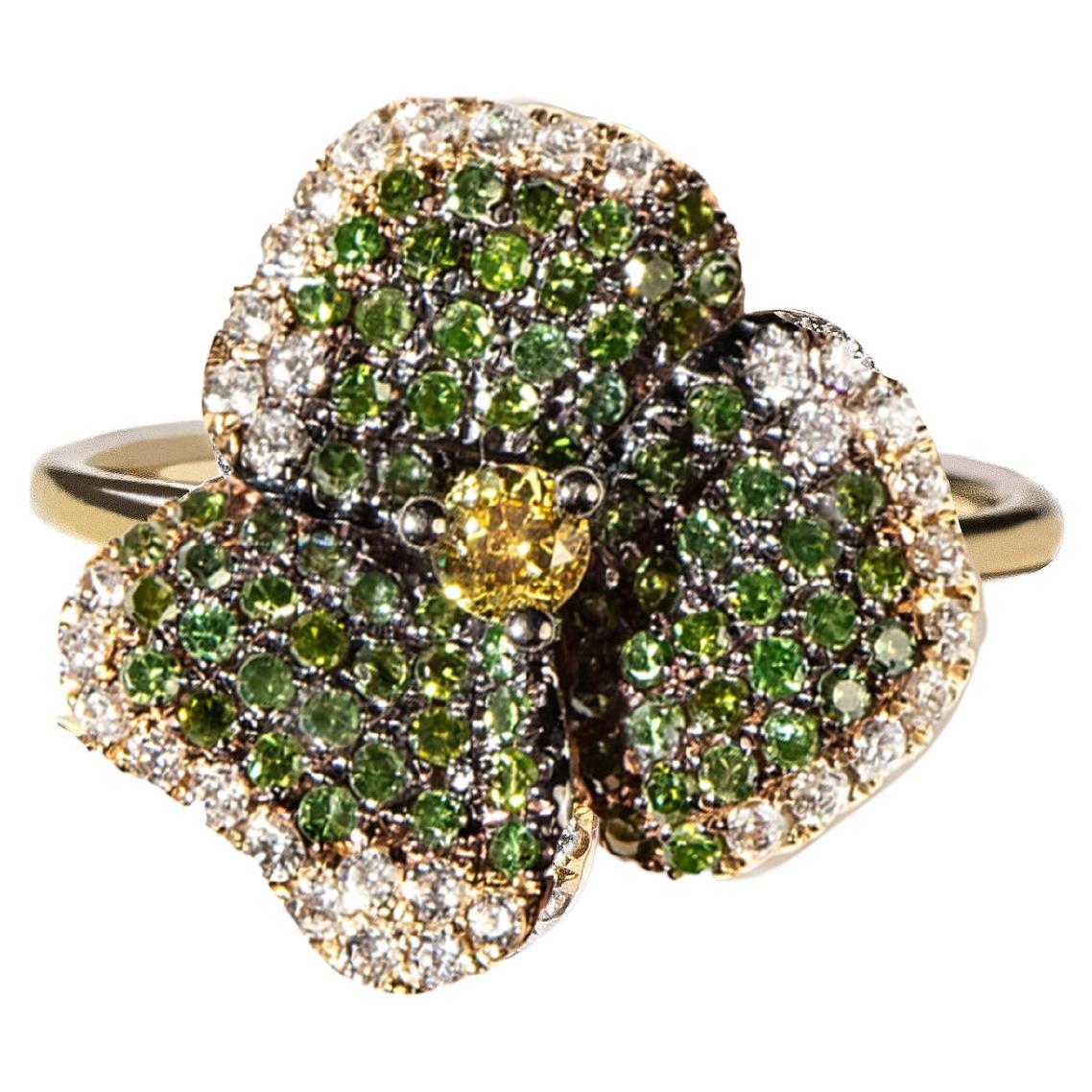 Bloom Small Flower Green Diamonds and Yellow Sapphire Ring in Yellow Gold For Sale