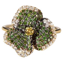 Bloom Small Flower Green Diamonds and Yellow Sapphire Ring in Yellow Gold
