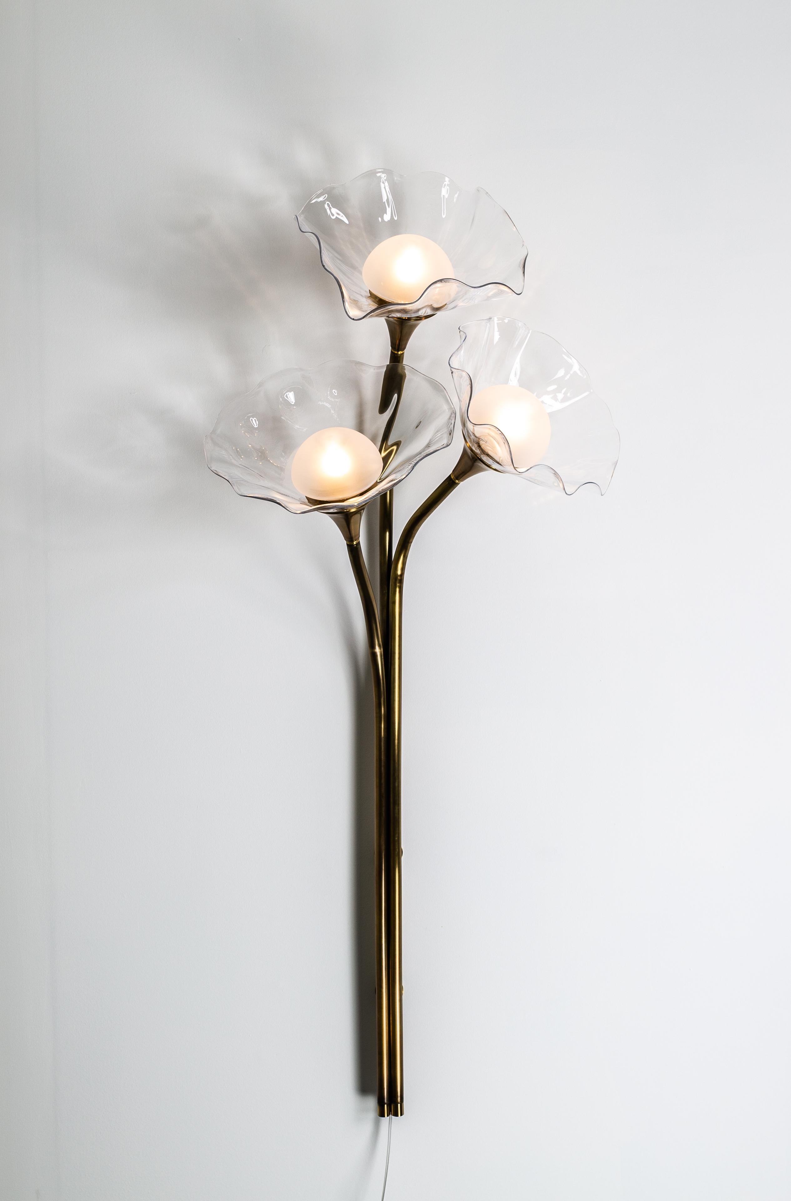 Contemporary Bloom Tripple, Aged Brass, Handblown Clear Glass, Plug in Sconce, Kalin Asenov For Sale