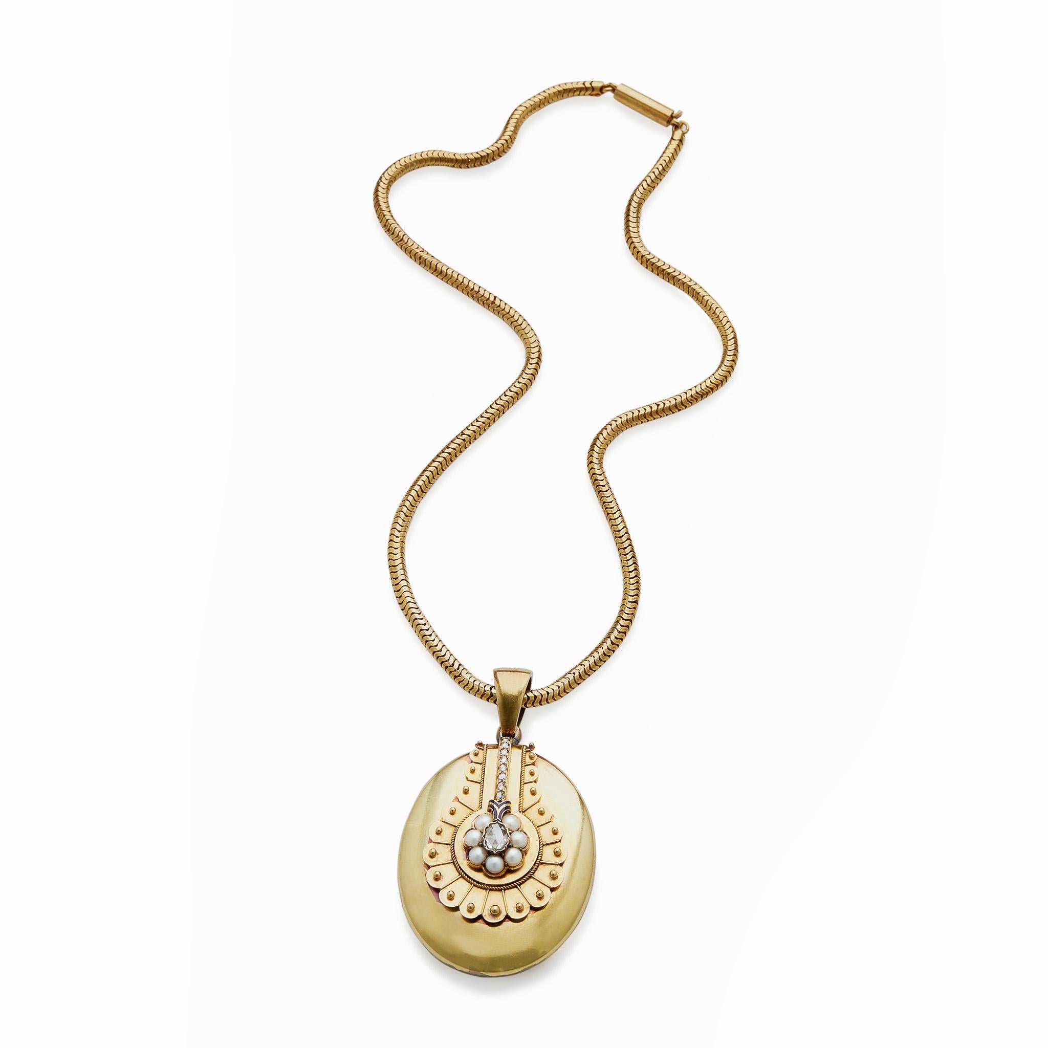 Rose Cut Bloomed Gold, Pearl and Diamond Locket Necklace with Snake Chain