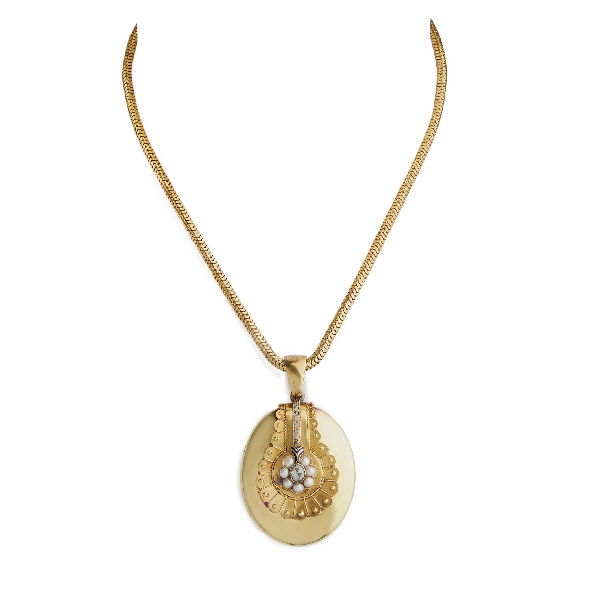 Bloomed Gold, Pearl and Diamond Locket Necklace with Snake Chain In Excellent Condition In New York, NY