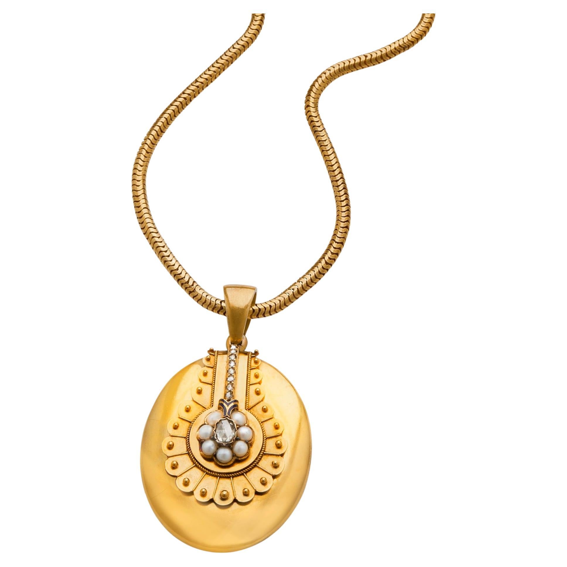 Bloomed Gold, Pearl and Diamond Locket Necklace with Snake Chain