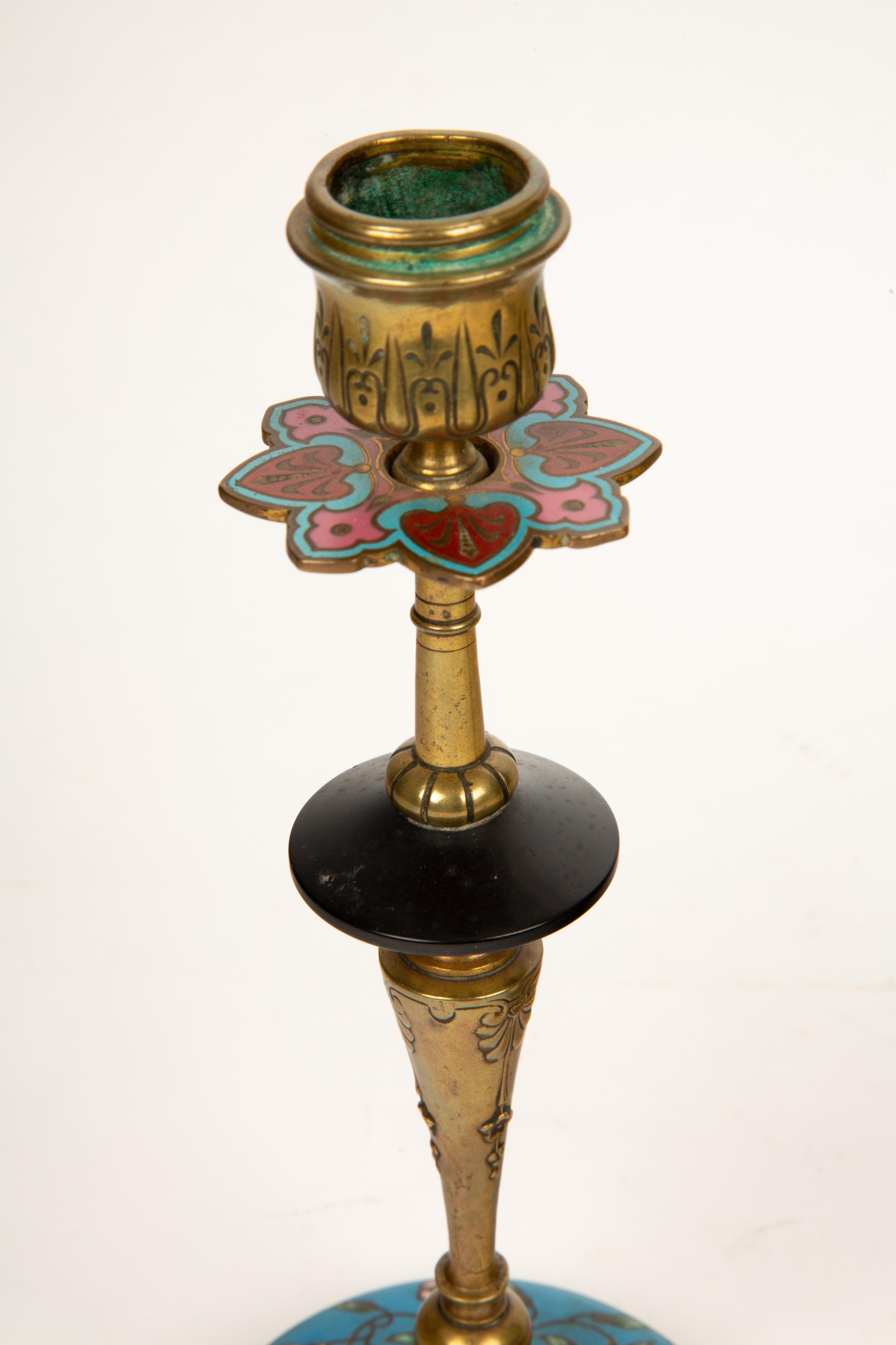 Napoleon III Blooming Elegance: Antique Cloisonné and Bronze Candlestick Pair