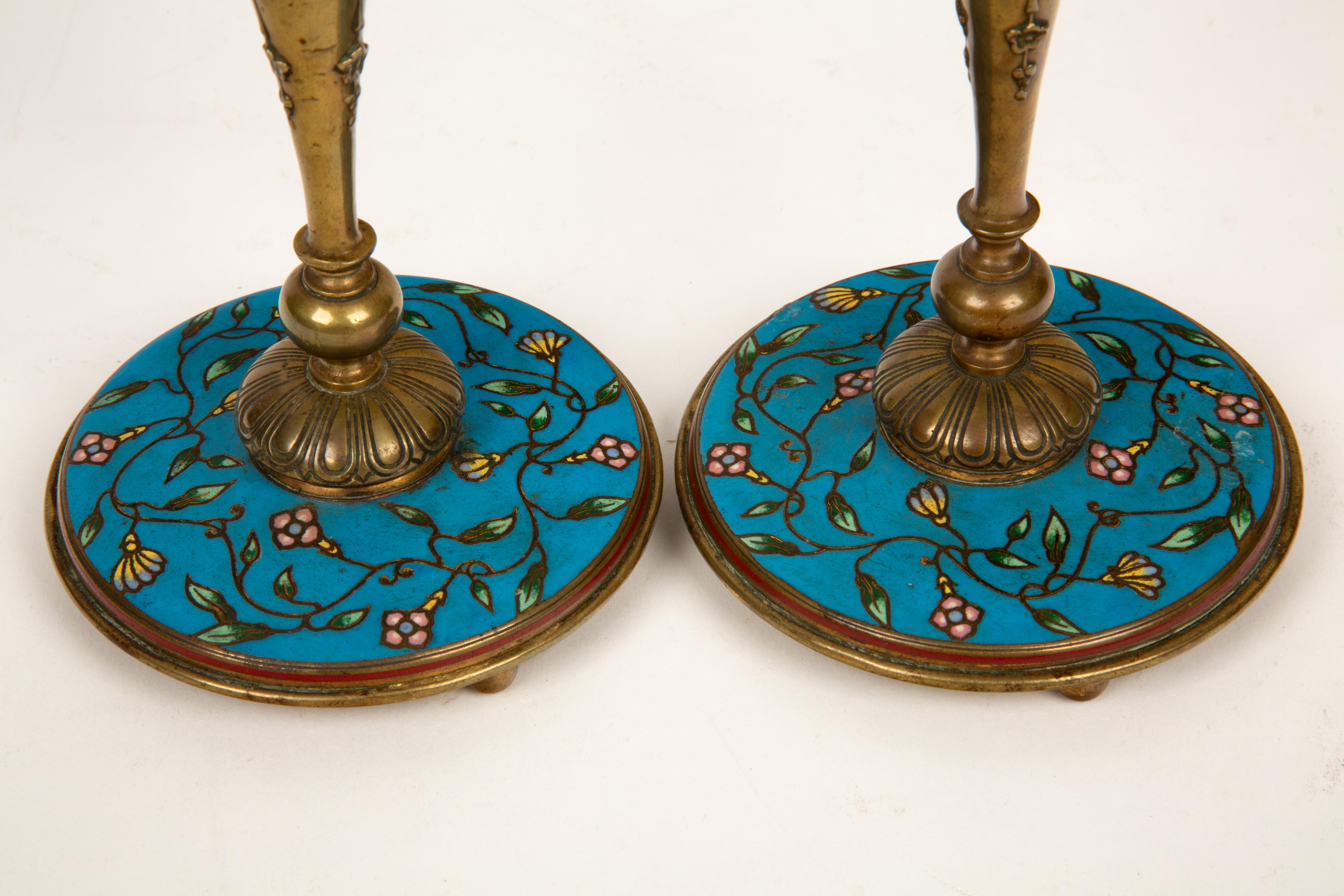 Blooming Elegance: Antique Cloisonné and Bronze Candlestick Pair In Excellent Condition In New York, NY