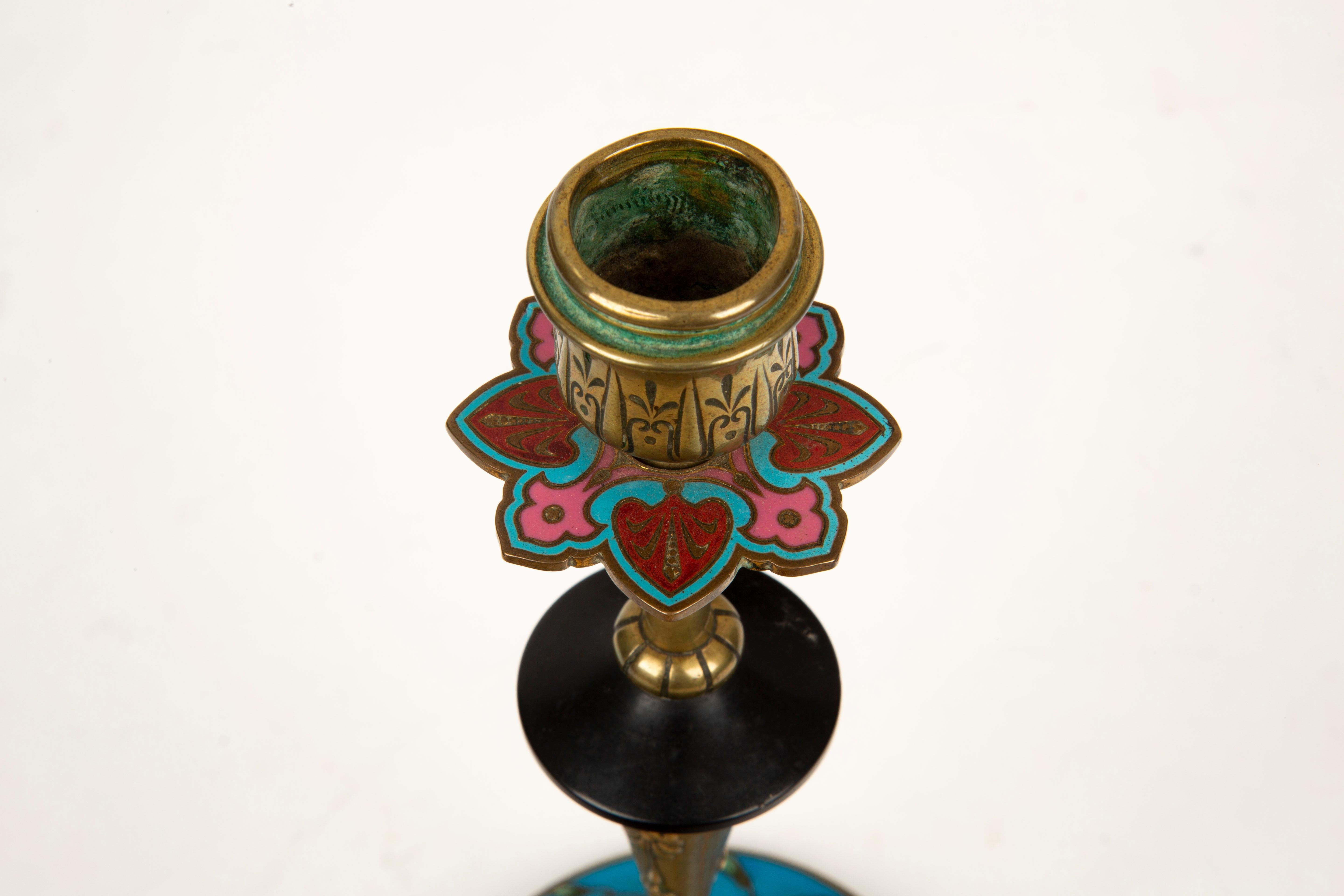 Enamel Blooming Elegance: Antique Cloisonné and Bronze Candlestick Pair