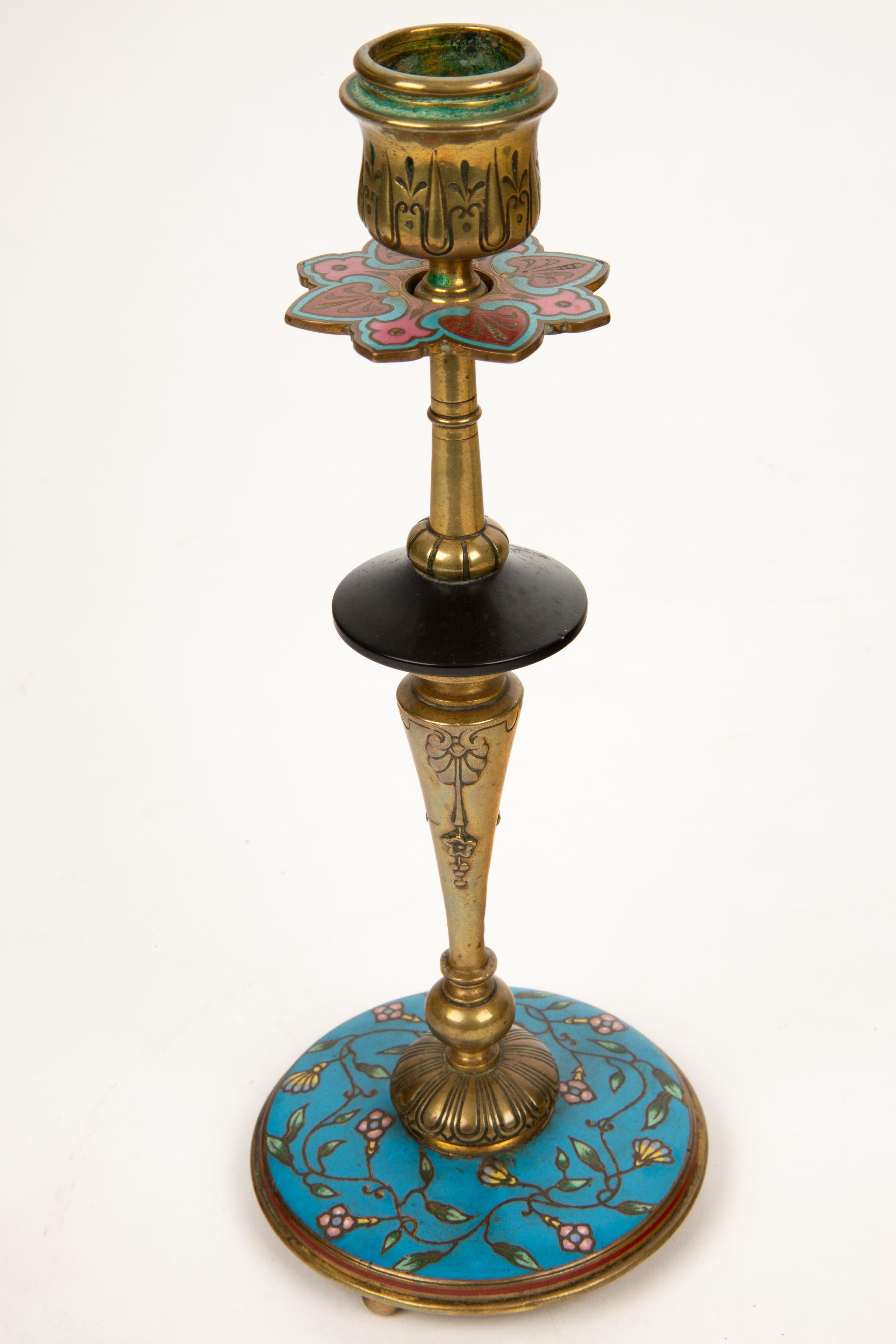 Blooming Elegance: Antique Cloisonné and Bronze Candlestick Pair 1