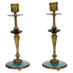 Blooming Elegance: Antique Cloisonné and Bronze Candlestick Pair