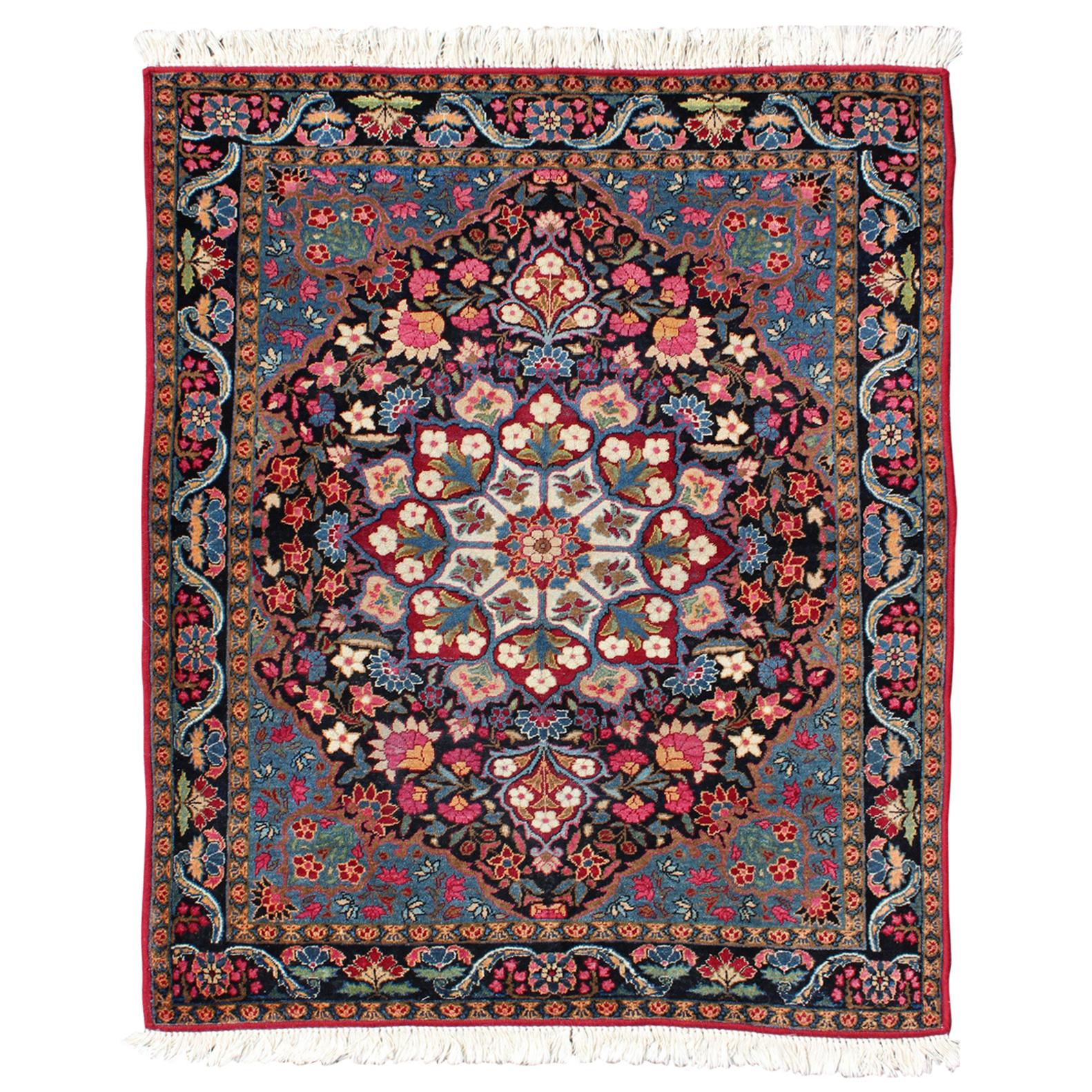 Blooming Floral Medallion Vintage Persian Kerman Rug with Multi-Colors For Sale