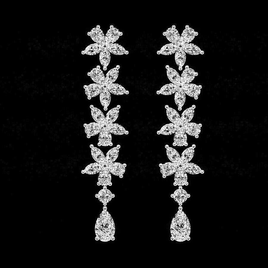 Modern Flowers Petal Diamond 18K White Gold Drop Earrings For Sale