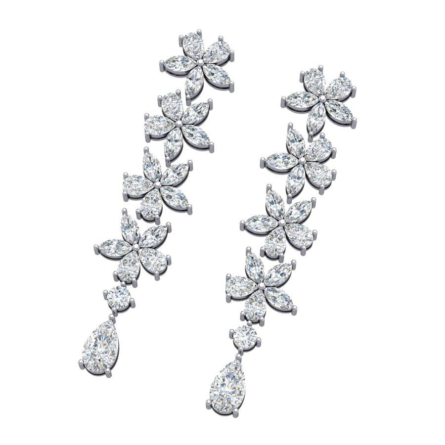 Flowers Petal Diamond 18K White Gold Drop Earrings In New Condition For Sale In Los Angeles, CA