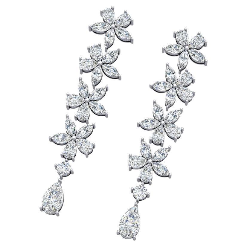 Flowers Petal Diamond 18K White Gold Drop Earrings
