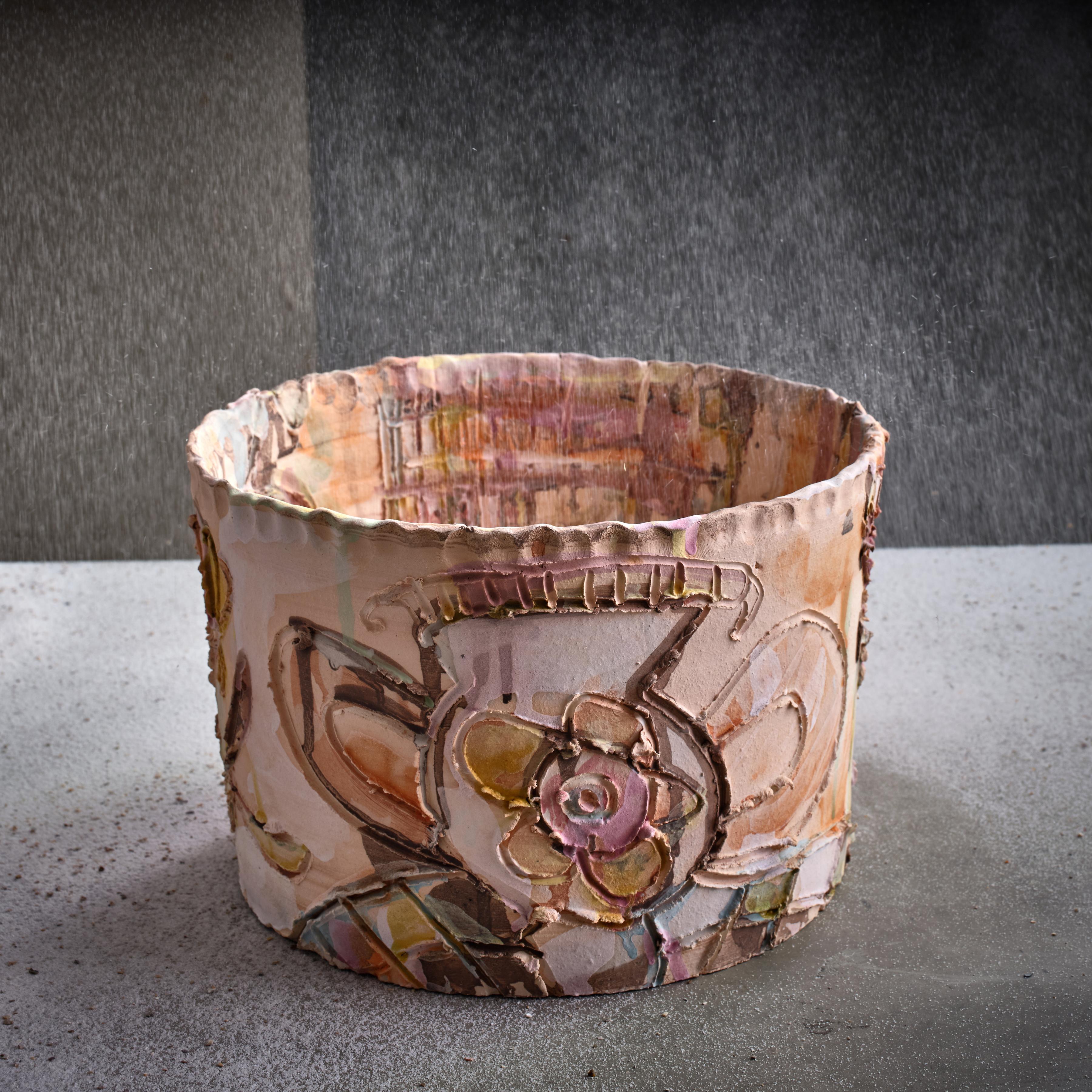 Contemporary Blooming Fresco, a Ceramic Decorative Vase in Brown and Pink by Maarten Vrolijk For Sale