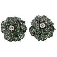 Blooming Green Tsavorite Black White Diamond Pavé Flower 18K Gold Clip Earrings