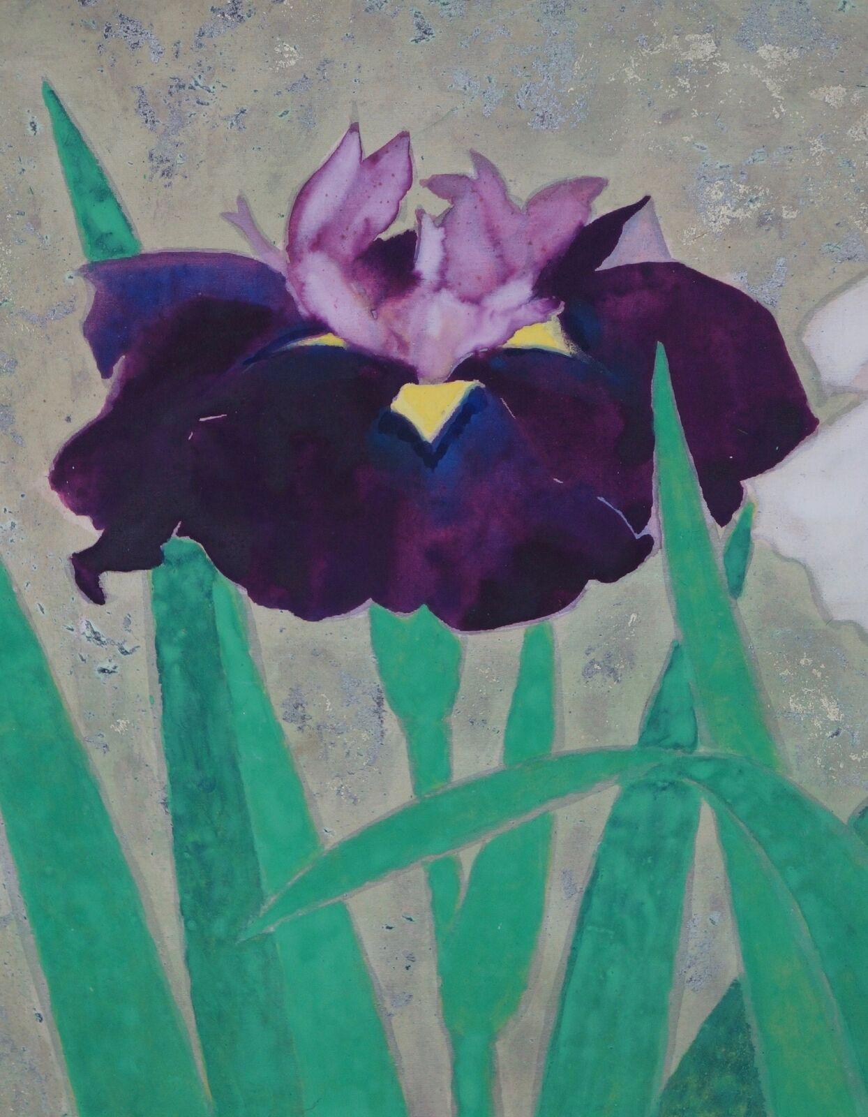 Showa Blooming Iris Japan Hand Painted Silk Scroll