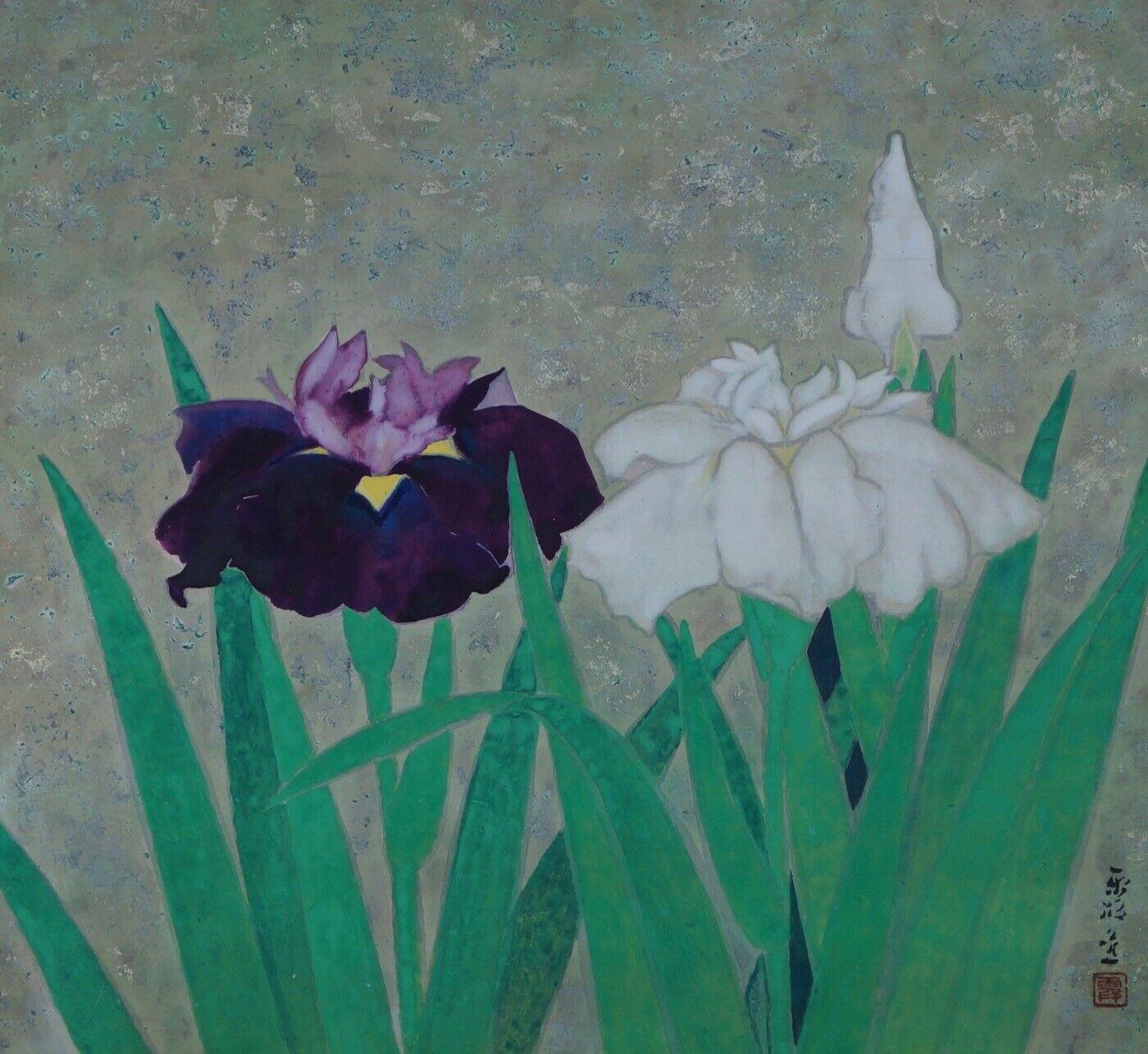 Blooming Iris Japan Hand Painted Silk Scroll 2